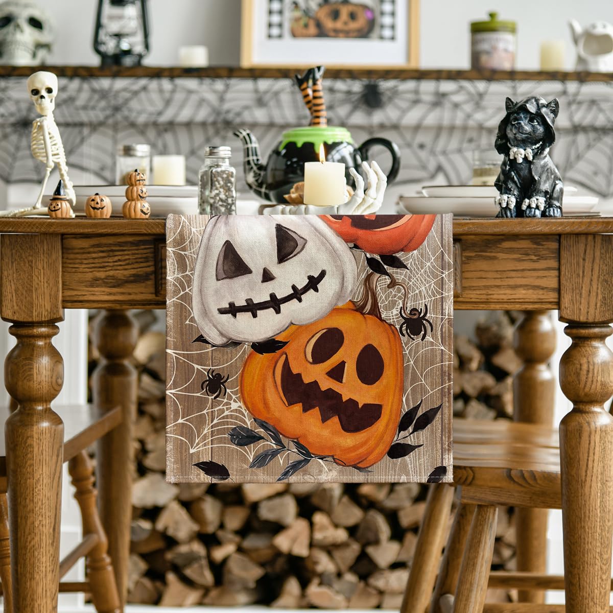 Artoid Mode Jack-O'-Lantern Pumpkins Spider Web Retro Halloween Table Runner, Seasonal Kitchen Dining Table Decoration For Home
