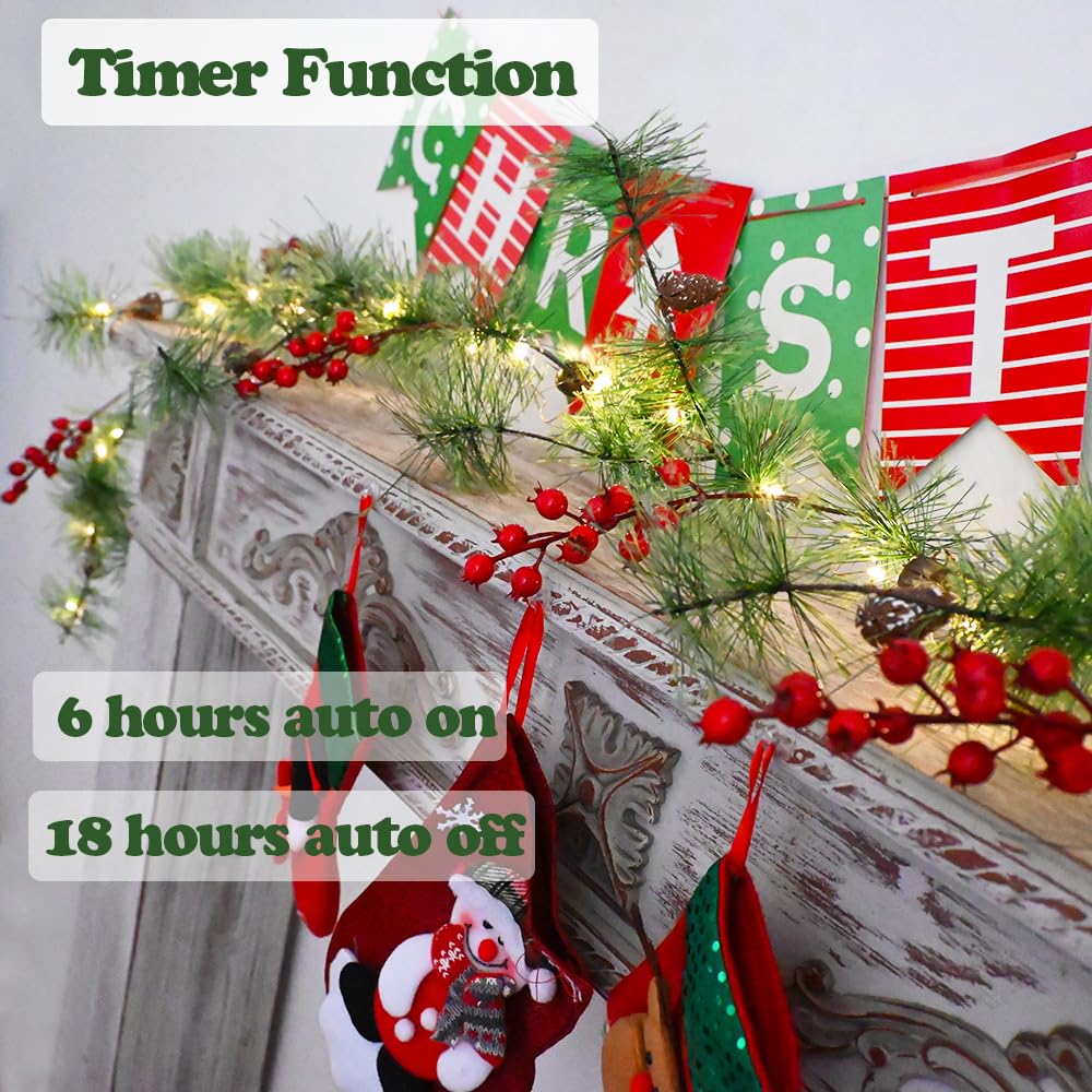 HamiFinee Christmas Garland with LED Fairy Lights Battery Operated Smokey Pine Garlands with 8 Flash Modes and Timer Red Berries