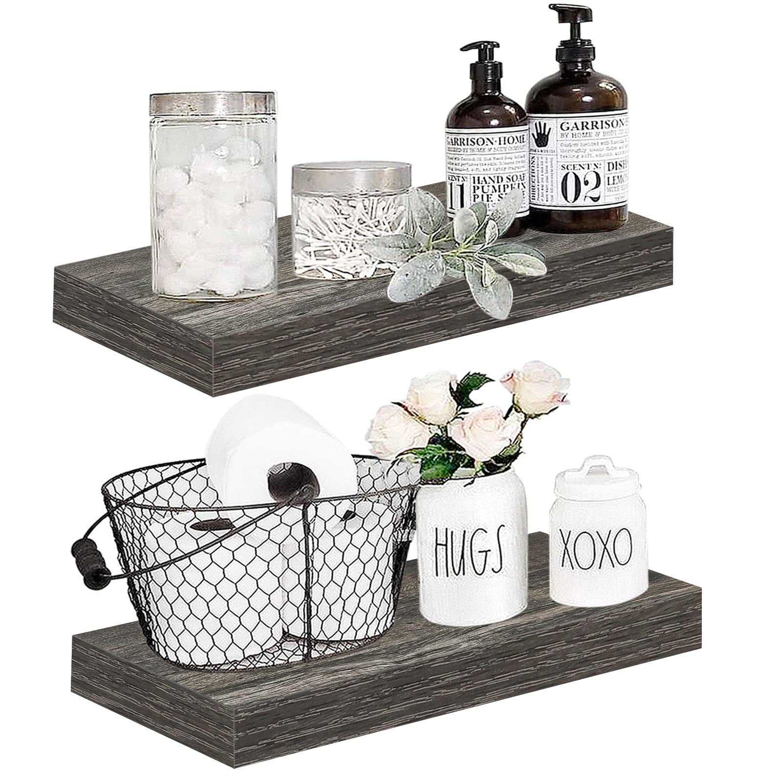 Qeeig Grey Floating Shelves Bathroom Decor - Wall Mounted Shelf Bedroom Rustic Small 16 Inch Set Of 2 (008-40Gy)