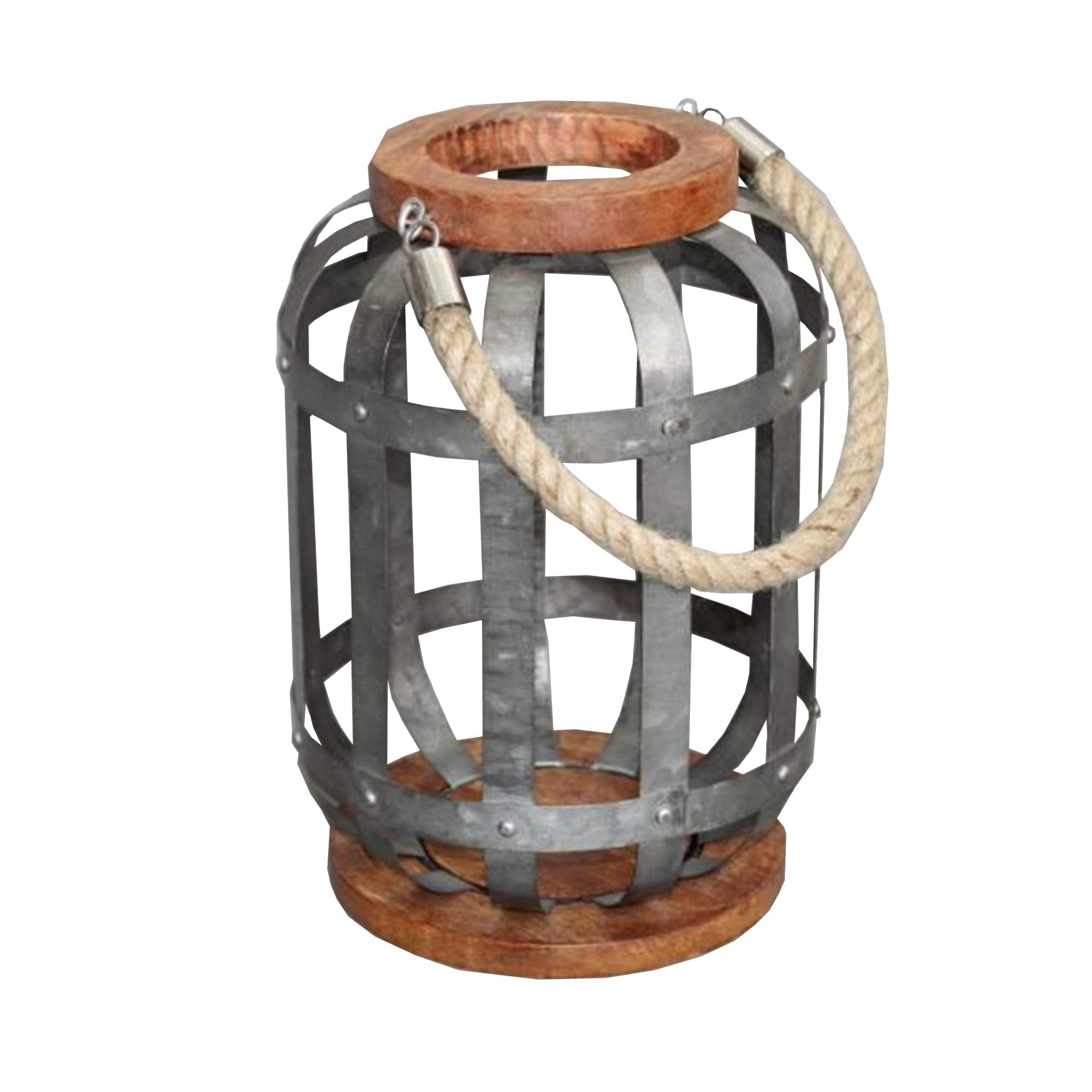 Benjara Galvanised Wooden Base Bellied Shape Industrial Hanging Galvanized Lantern with Rope Handle, Gray