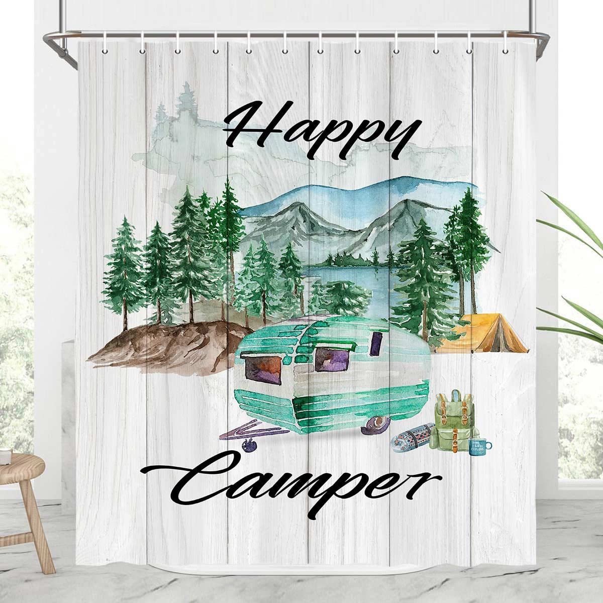 Happy Camper Rv Shower Curtain, Mountain Forest Green Tees With Trailer On Wooden Board Camping Themed Bath Curtain, Adventurer