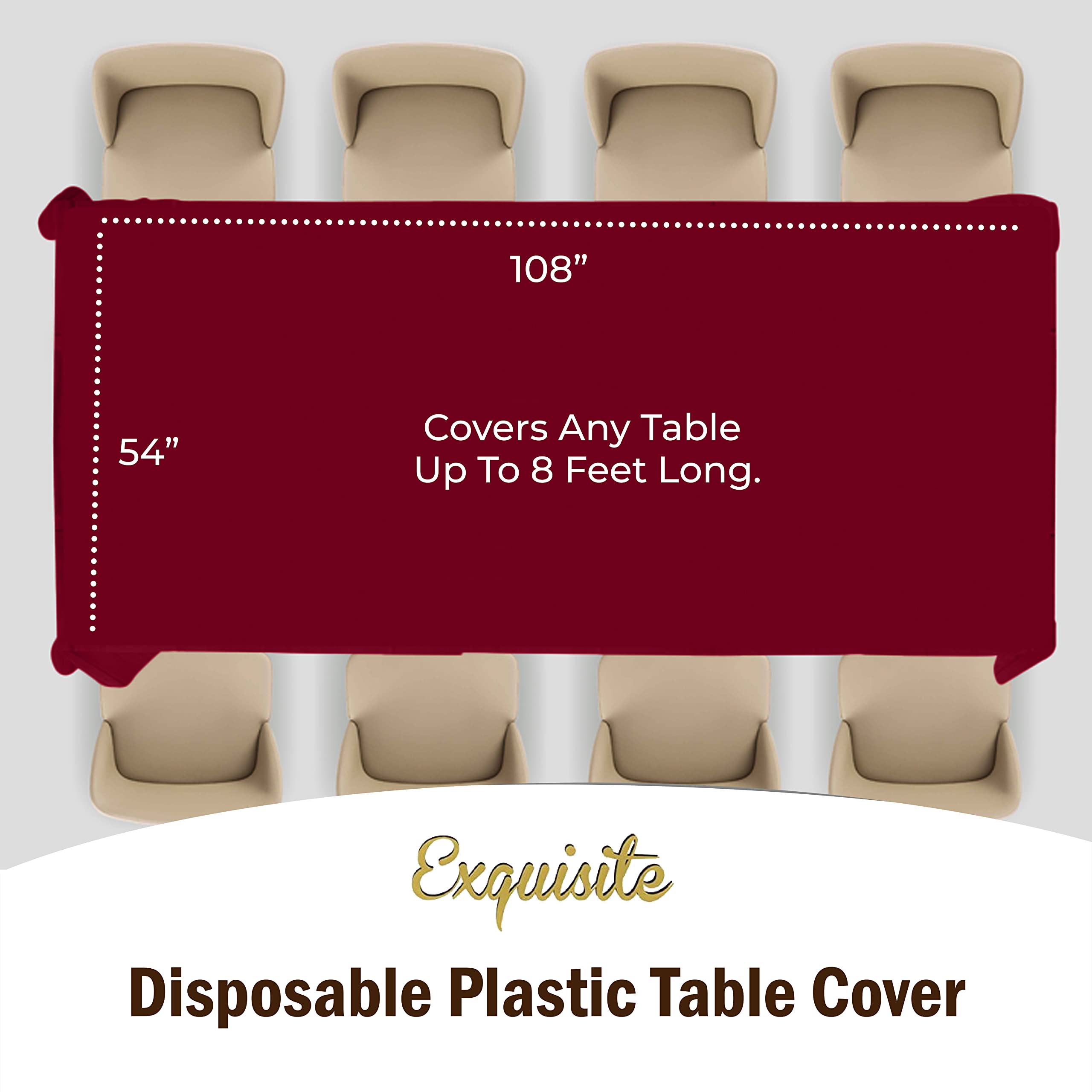 Exquisite 6-Pack Premium Plastic Tablecloth 54In. X 108In. Rectangle Plastic Table Cover - Burgundy