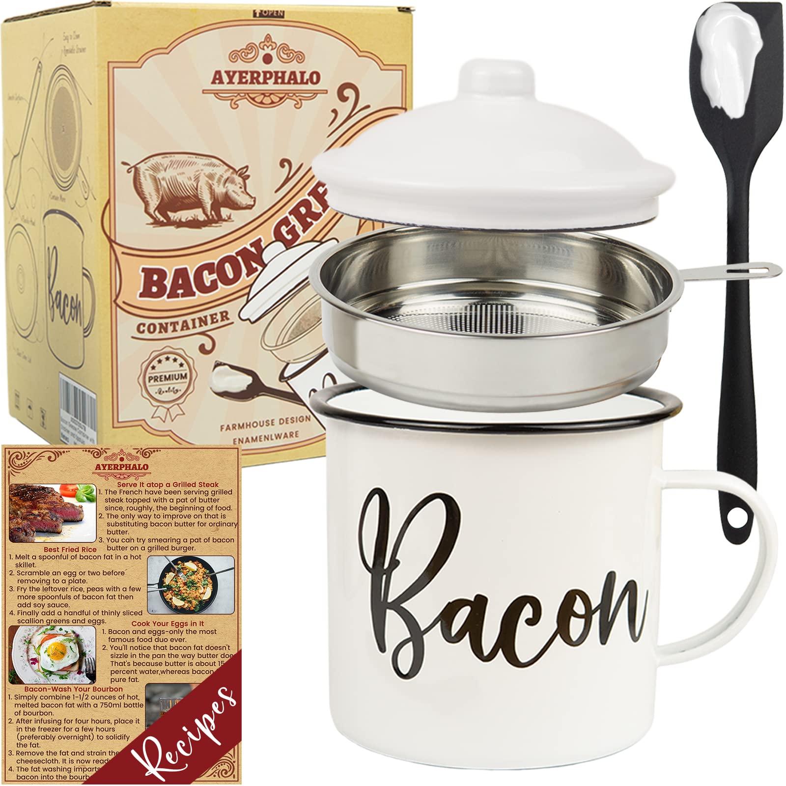 Bacon Grease Container With Strainer - With Food-Grade Silicone Spatula , 46Oz Large Enamel Rustic Farmhouse Fat Container , Kee