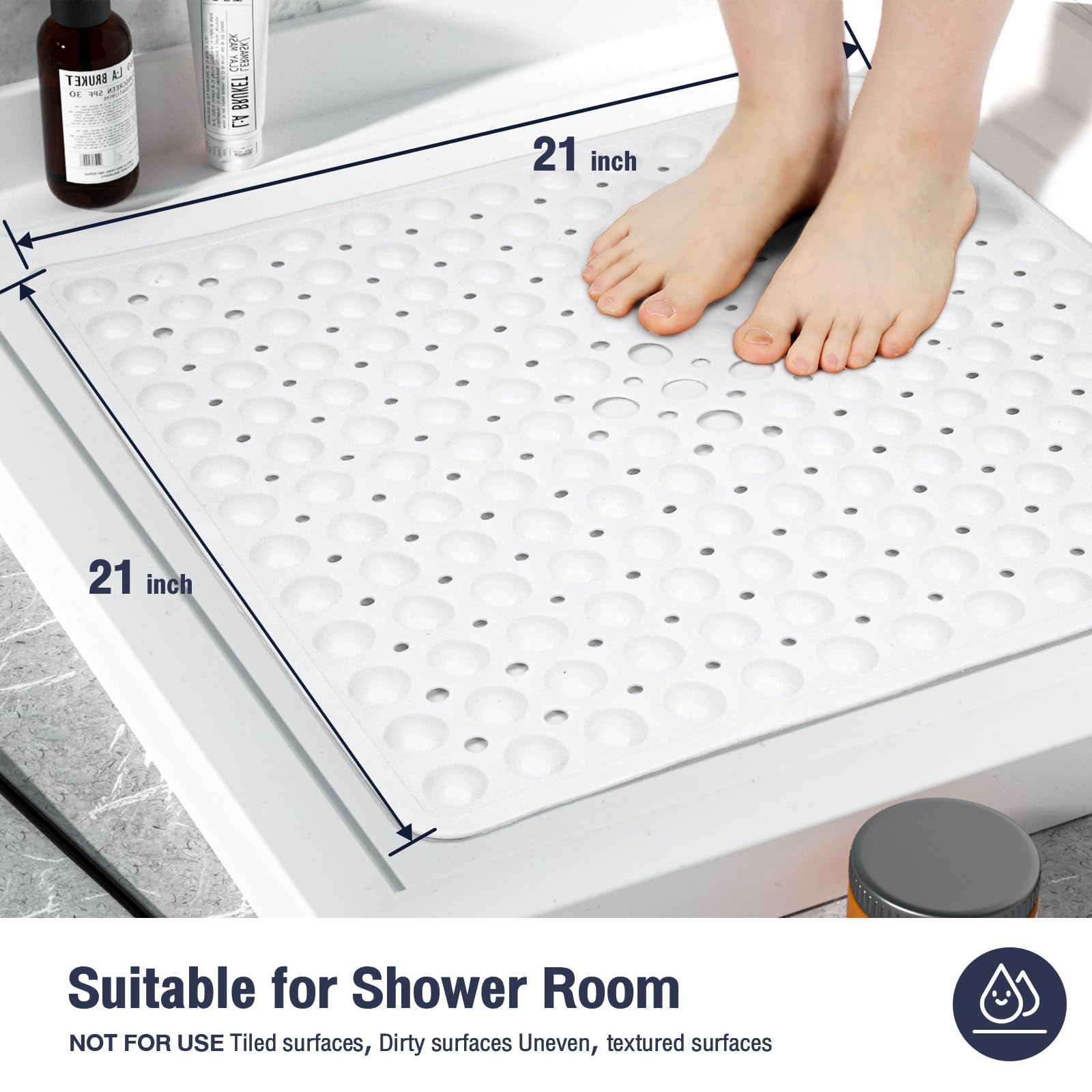 Naoloture White Square Shower Bathtub Mat Non Slip 21X21 Inch, Soft Bath Mat For Inside Shower Tub, Shower Stall Mats For Bathro