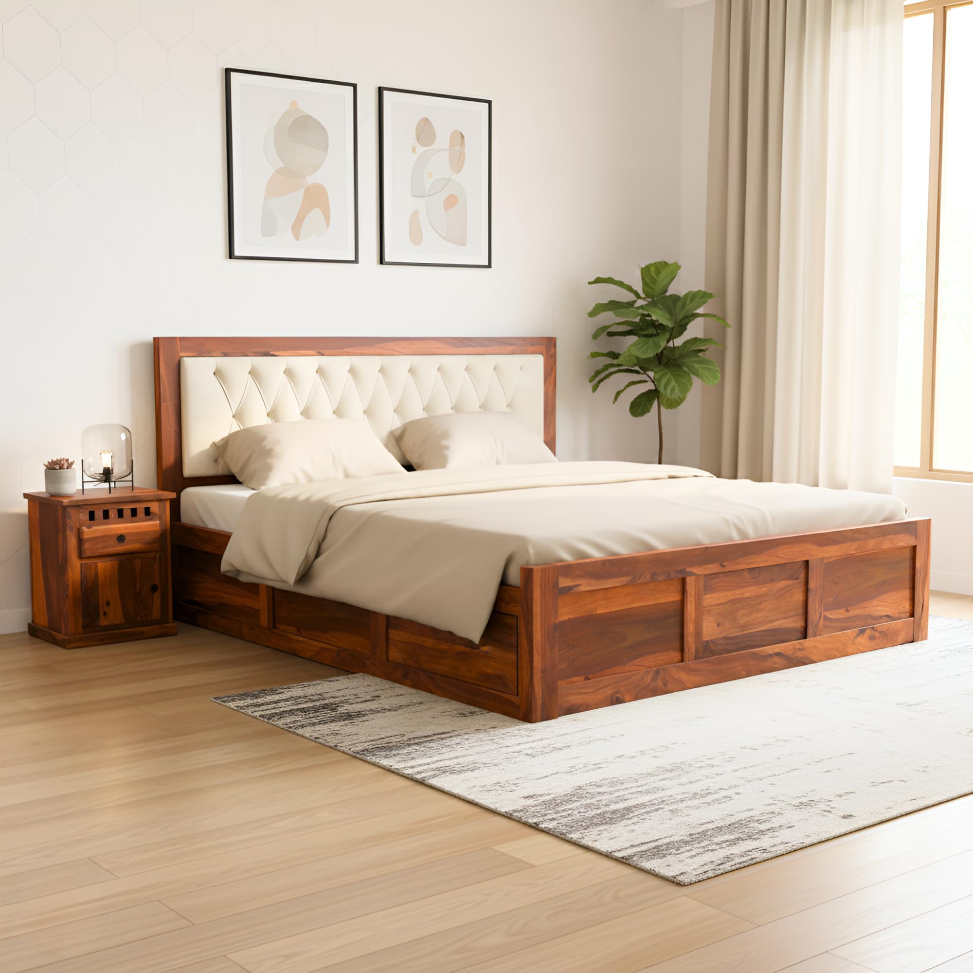 Sona Art & Crafts Zeus Sheesham Wood King Size Bed With Storage Box | Solid King Size Cot Cushioned Upholstered Beds Double Bed 