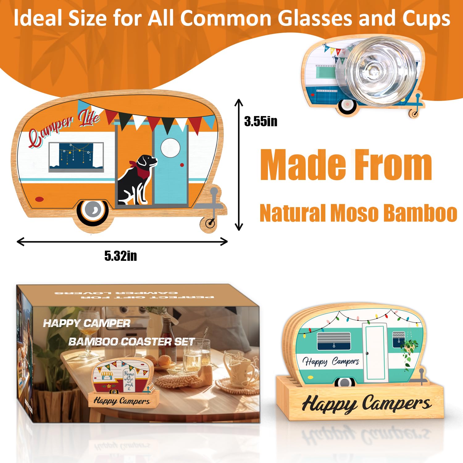 Haigoo Camping Coasters Set Of 6, Happy Camper Bamboo Coaster With Holder, Rv Lover Gifts Square Drink Coasters Suitable For Var