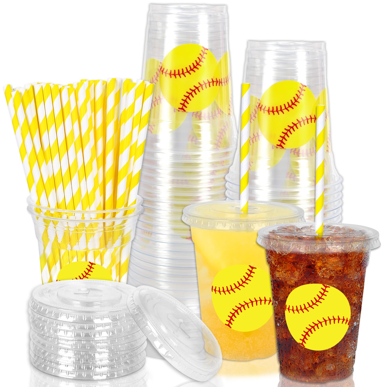 Whaline 50Pcs 12Oz Softball Disposable Plastic Cups with Lids and Straws Cute Softball Cold Beverage Drinking Cups for Sports Th