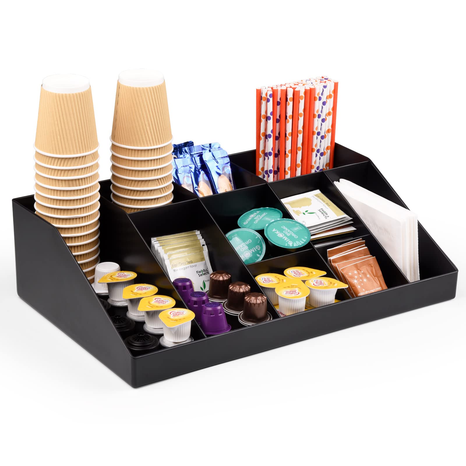 Szqinji Coffee Condiment Organizer Holder 10-Compartment Break Room Coffee Condiment Caddy Cup Storage Holder Black