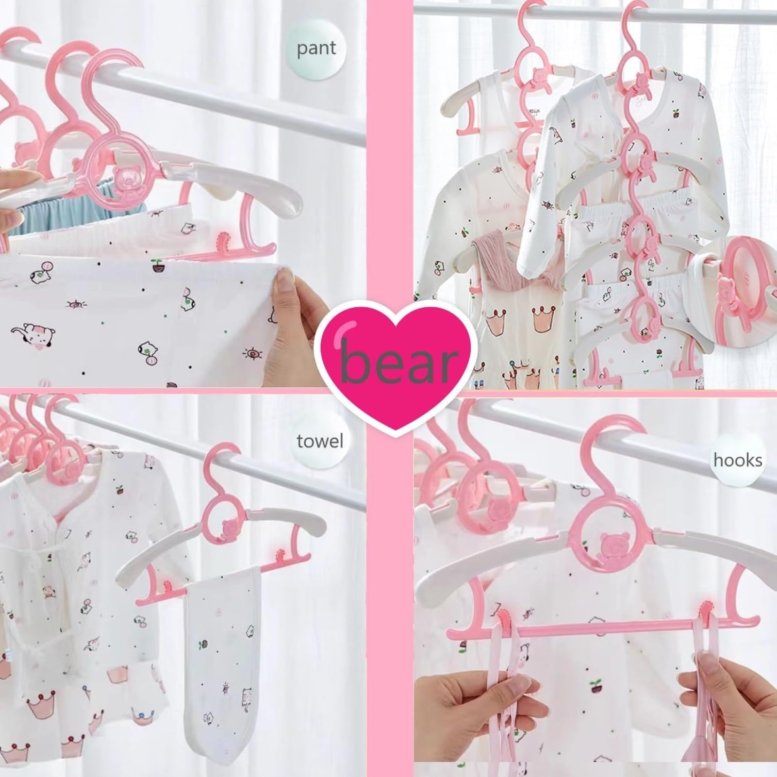 Hgyze Kid Hangers For Closet 50Pcs, Pink Infant Clothes Hanger 11-14'' Adjustable Plastic Baby Coat Hangers With Bear Hook, Non-