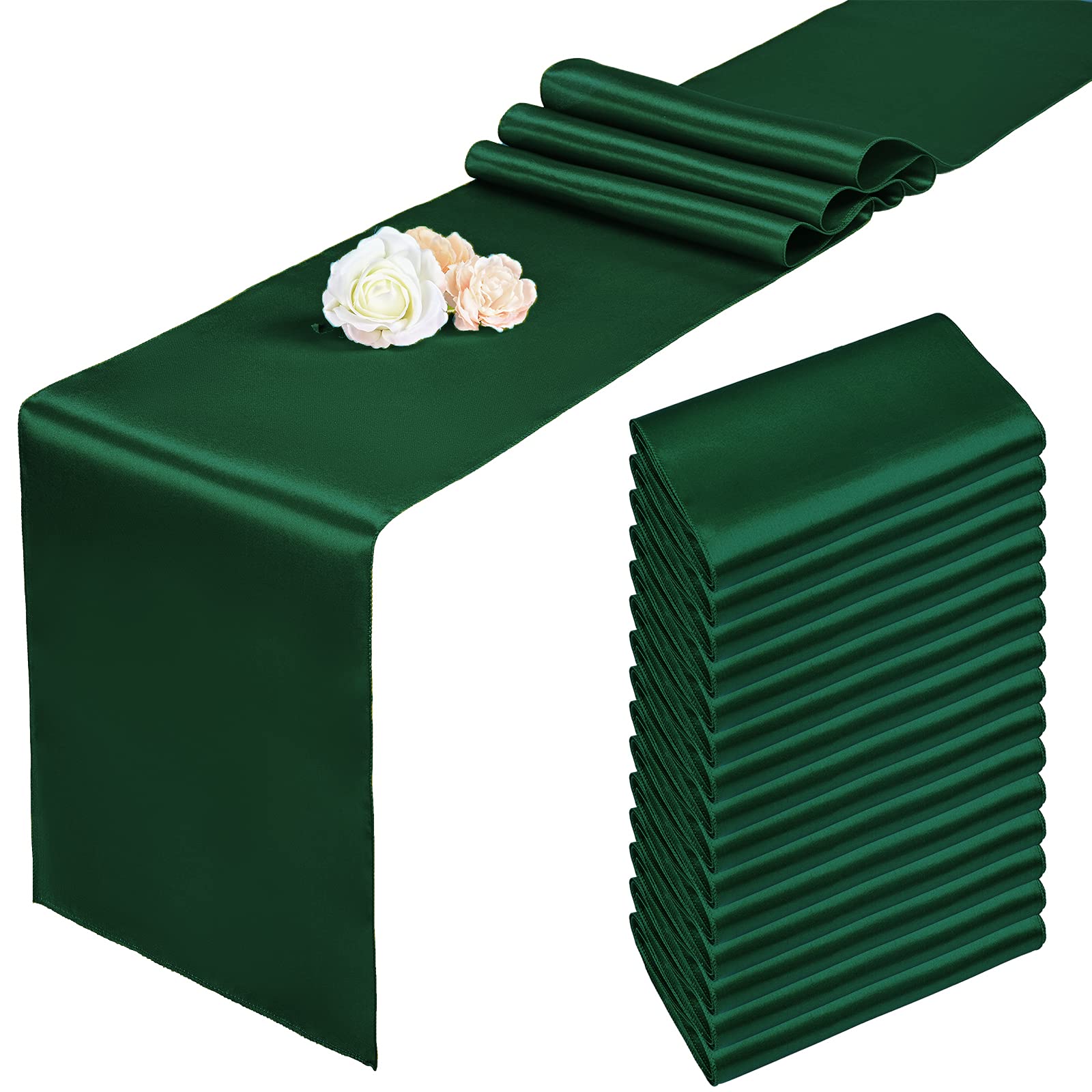 15 Pack Satin Table Runners Forest Green 12 X 108 Inch Long Table Runners For Rectangle Round Tables,Smooth Table Runner For Wed