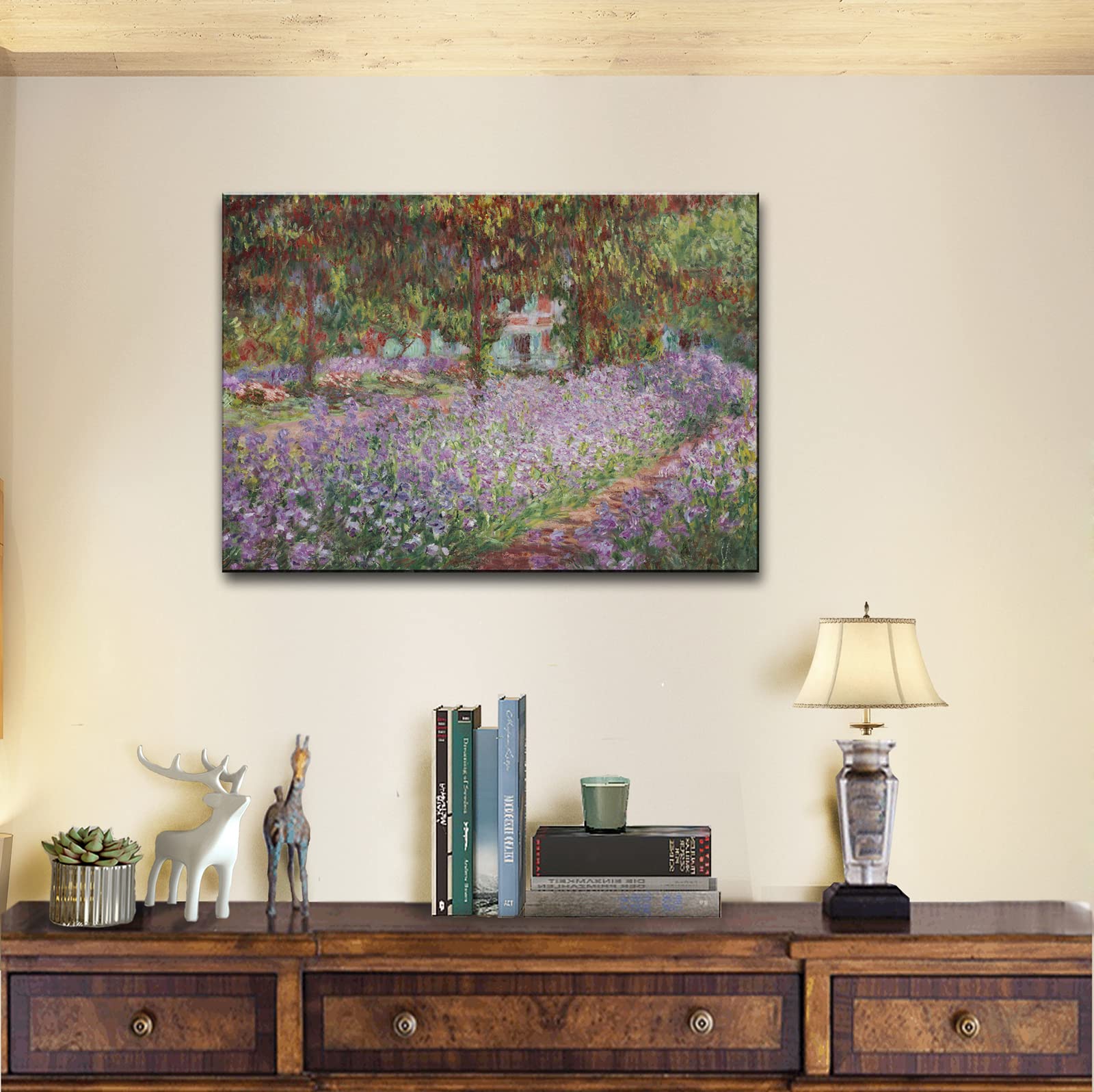 dgbtcart Large Canvas Art - Irises in Monet's Garden Print - 24" x 36" Framed Pine Wood Wall Decor