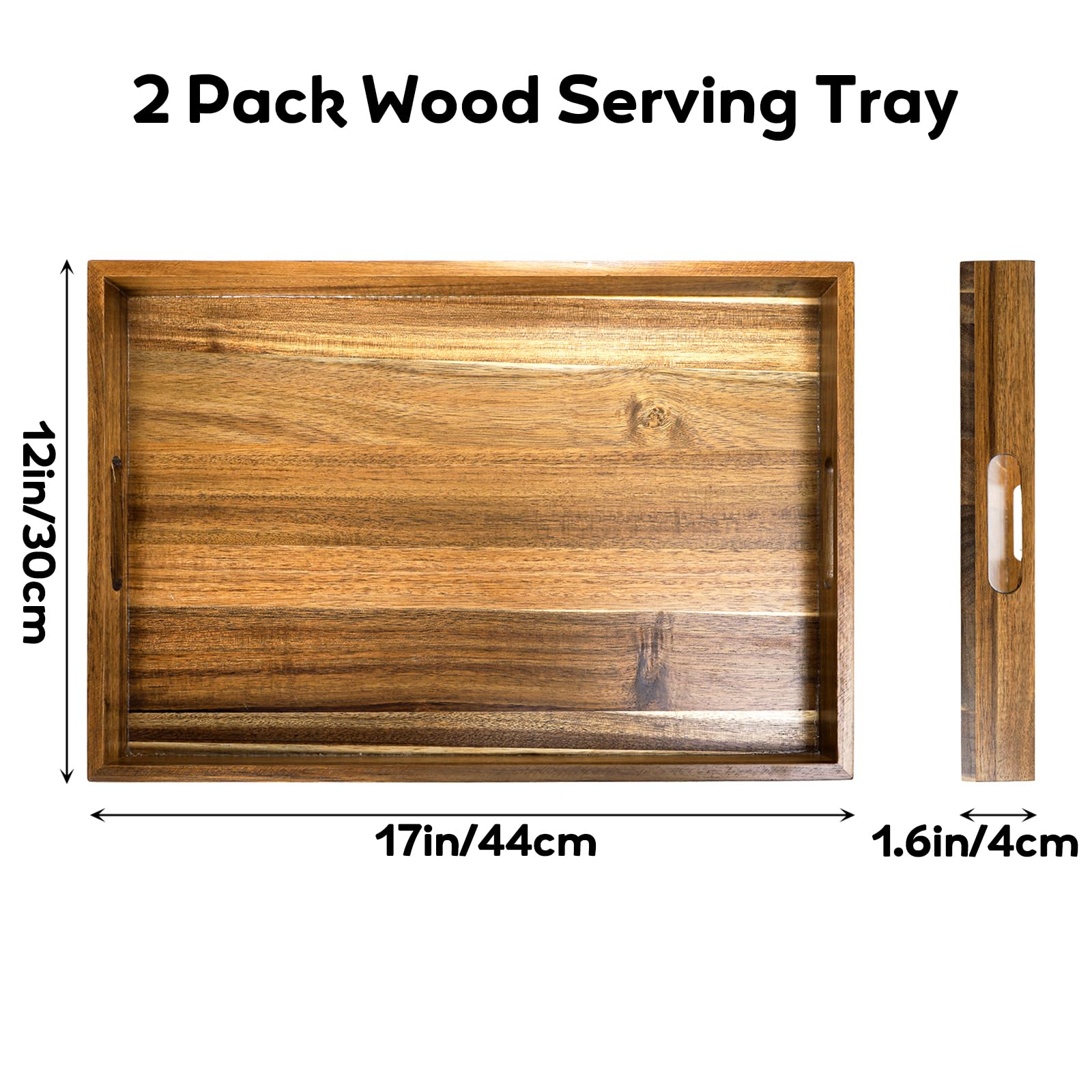 Youeon 2 Pack Large Acacia Wood Serving Tray With Handles, 17X12 Inch Decorative Wood Trays For Serving Food, Party, Rectangle O