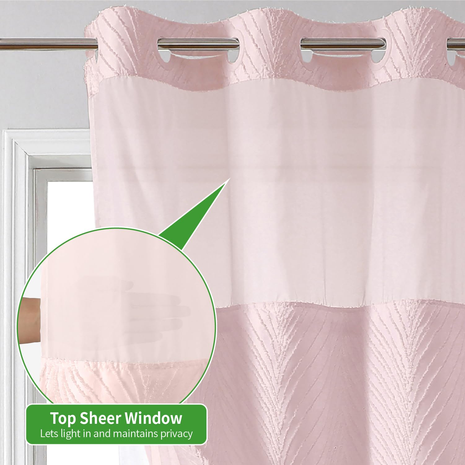 Eachope No Hook Shower Curtain And Liner Set,Boho Style With See Through Top Window, Pink Fabric Tufted Striped Textured Outer C