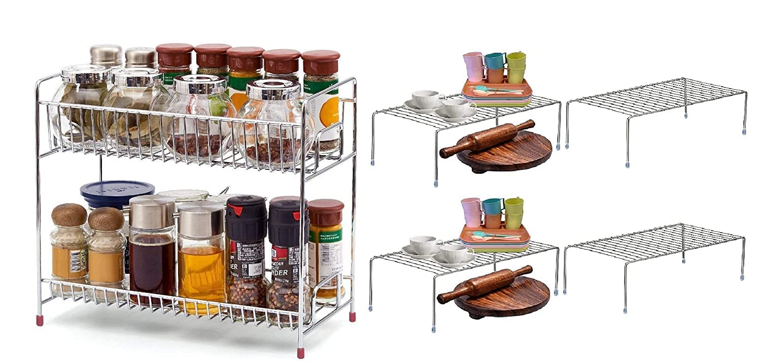 Cr18 Collection 5 Combo 4Pcs Stainless Steel Multipurpose Dish Rack/Storage Shelves For Kitchen Cabinets & Stainless Steel Spice