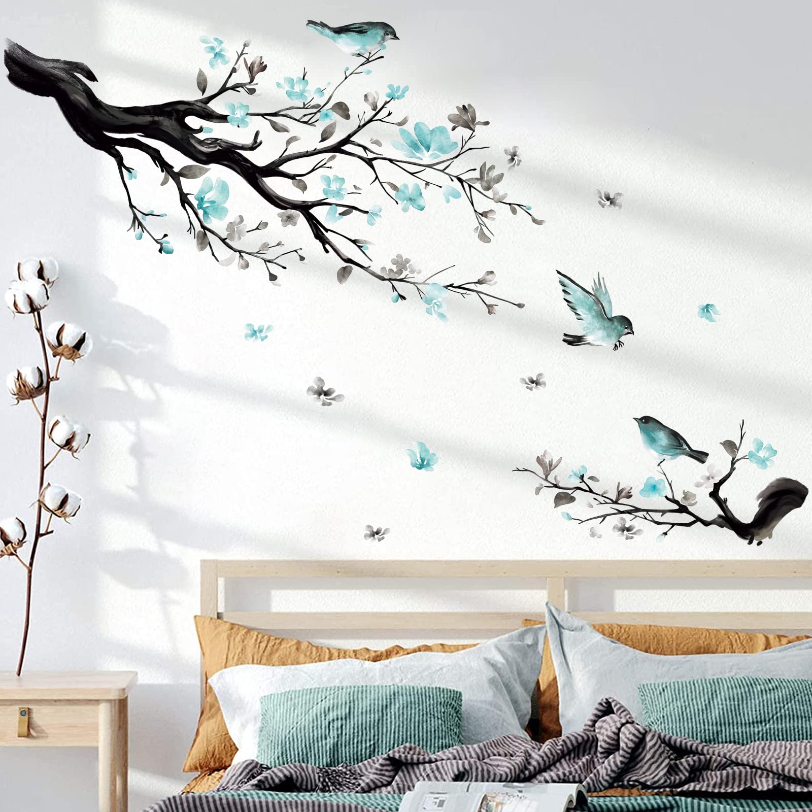 Decalmile Watercolor Blue Flower Wall Decals Blossom Bird Tree Branch Wall Stickers Living Room Sofa Tv Background Wall Decor