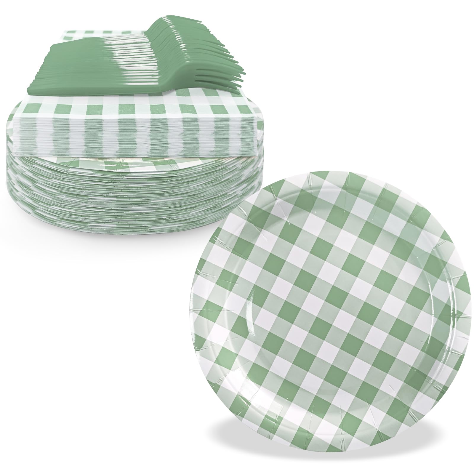 WYQJHKV 105 Pcs Grass Green Gingham Party Supplies Include 7 Inch Disposable Grass Green Dessert Paper Plates and Napkins for We