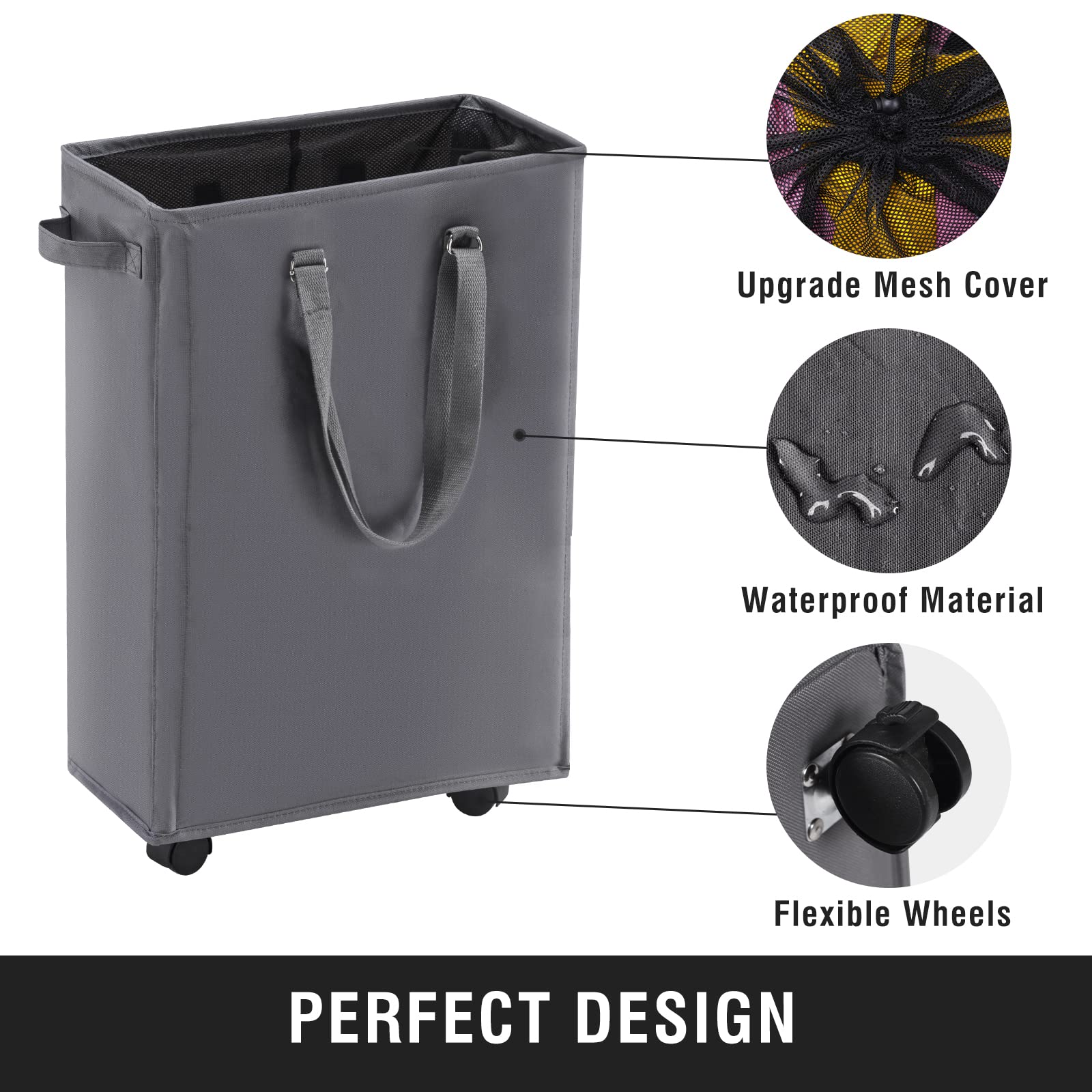 TECHMILLY Slim Laundry Basket with Wheels, 45L Polycotton Hamper, Grey, Model TMLD030, Adjustable Handles for Bedroom & Bathroom