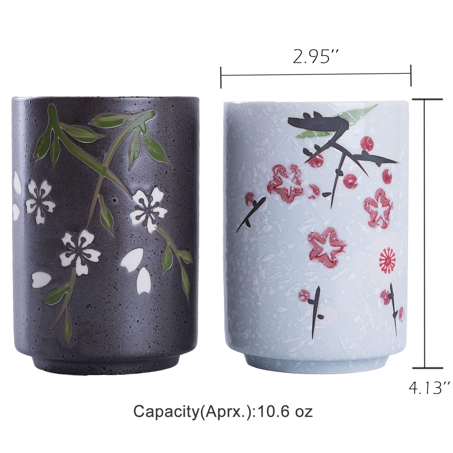Whjy 10Oz Transitional Chinese/Japanese Style Handle-Less Ceramic Tea Cups Teacup, Flora Pattern Set Of 2