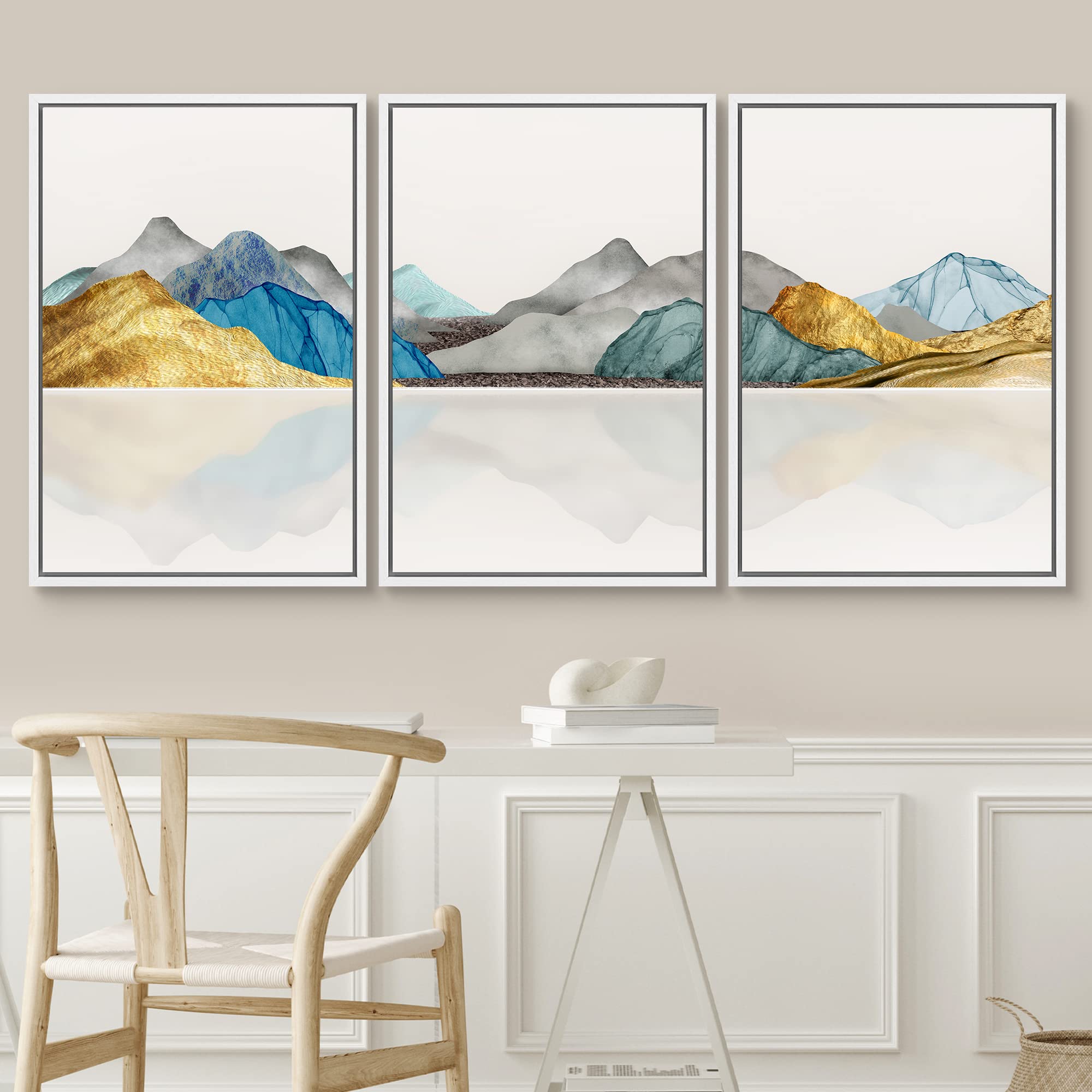 Signwin Framed Canvas Print Wall Art Set Vibrant Gold Teal Mountain Range Nature Wilderness Illustrations Modern Art Decorative