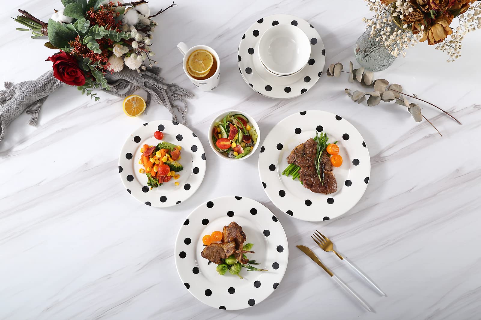 Loymokinar White Porcelain Dinnerware Sets 16-Piece Service for 4,Dishes, Round Plates, Bowls, Mugs Dish Set,Black and White Dis