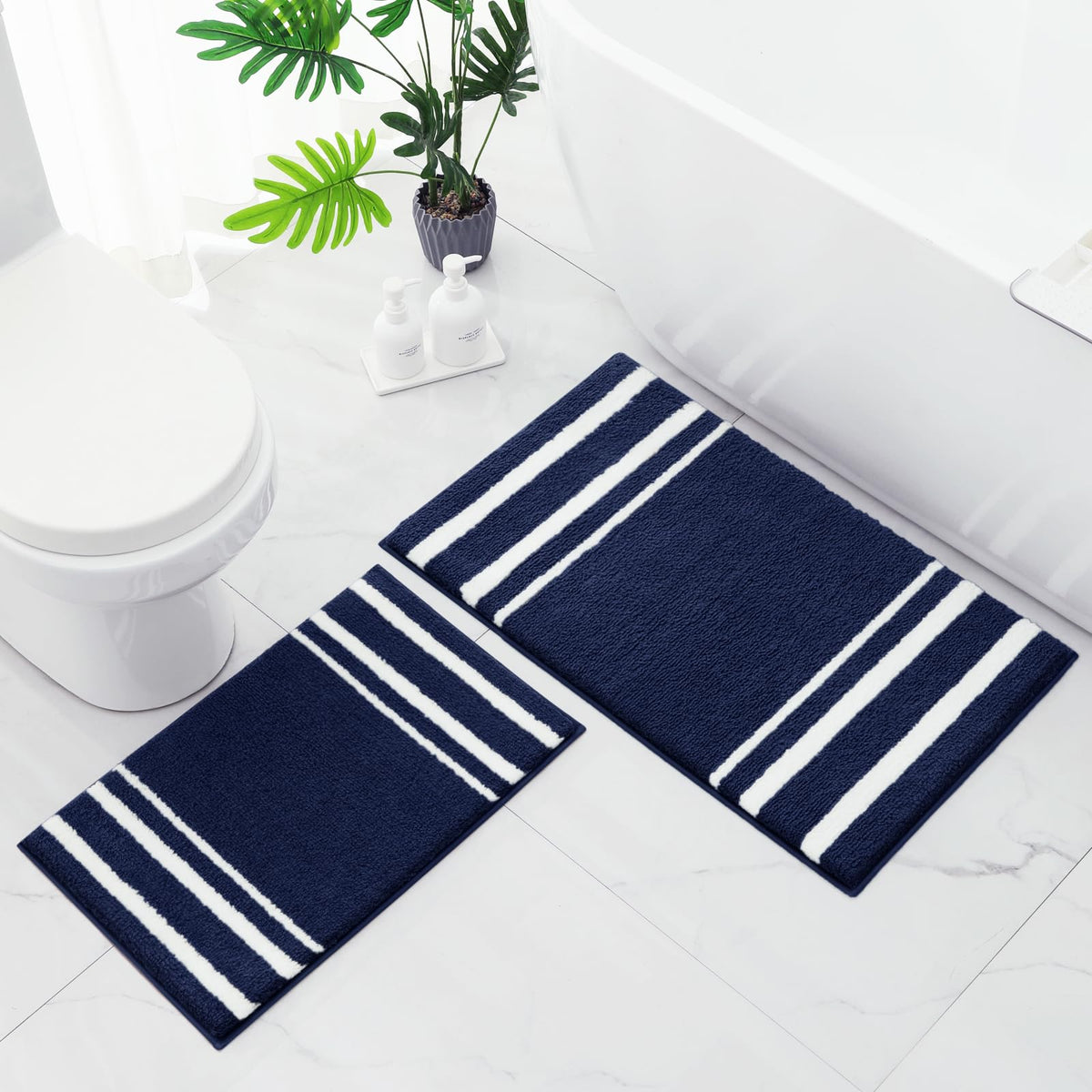 Homeideas Bathroom Rug Set 2 Piece, Striped Super Absorbent Soft Microfiber Non-Slip Washable Bath Mats For Shower And Tub (Navy