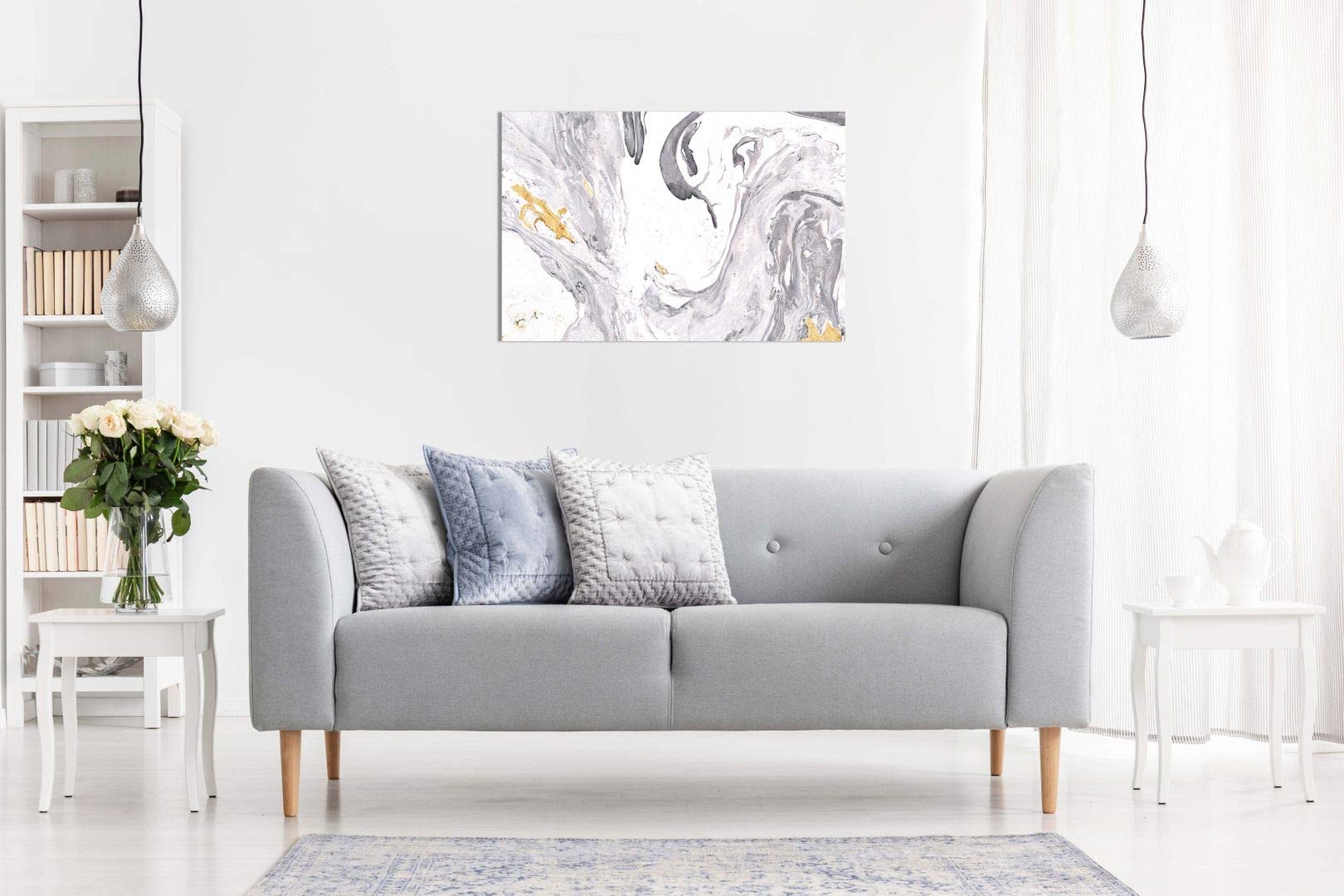 Abstract Modern Grey Yellow White Paint Swirls Canvas Wall Art Picture Print (12X8)