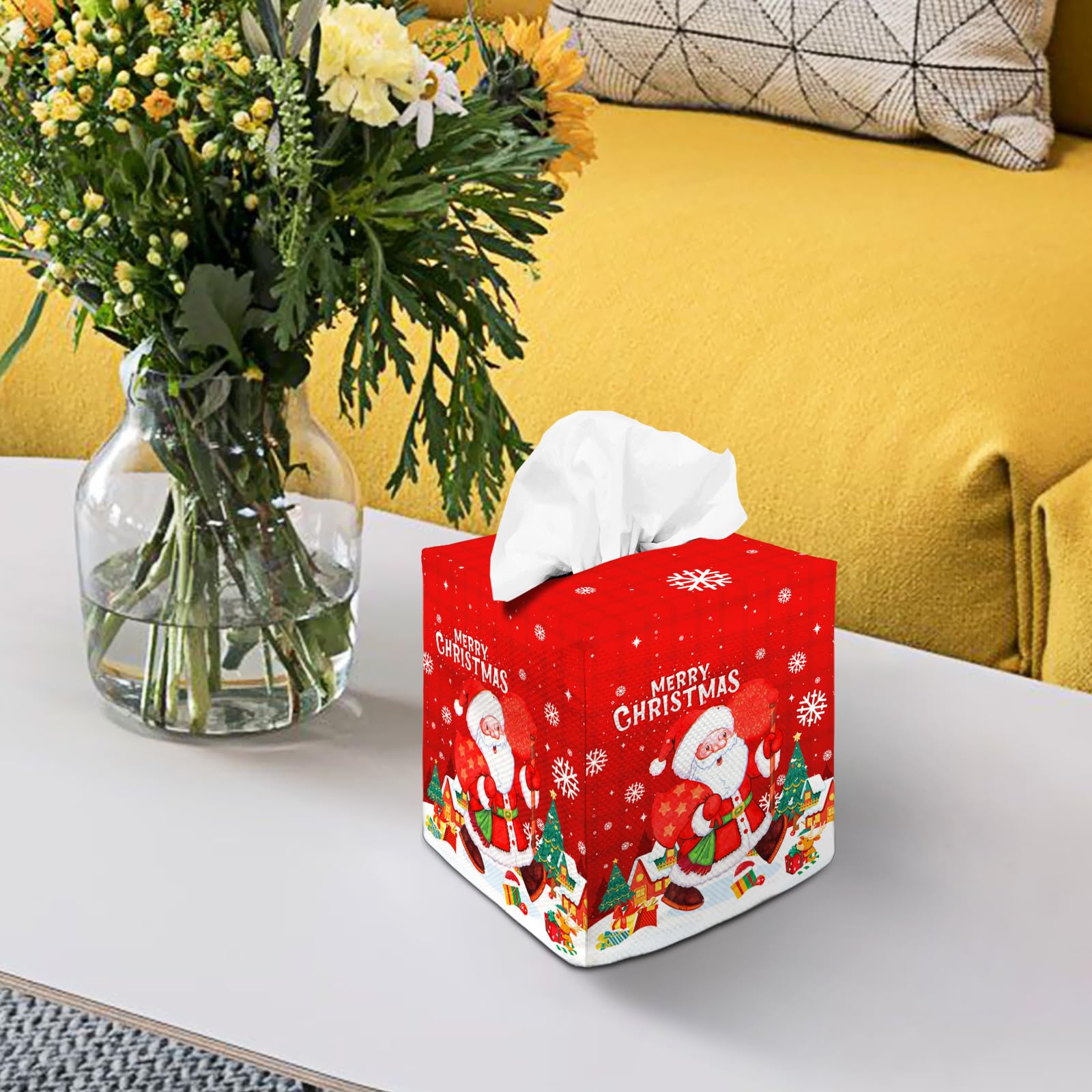 Tissue Box Cover Square Canvas Decorative Tissue Box Holder Cute Funny Cube Tissue Case Cover-Xmas Decor Christmas Santa Claus T