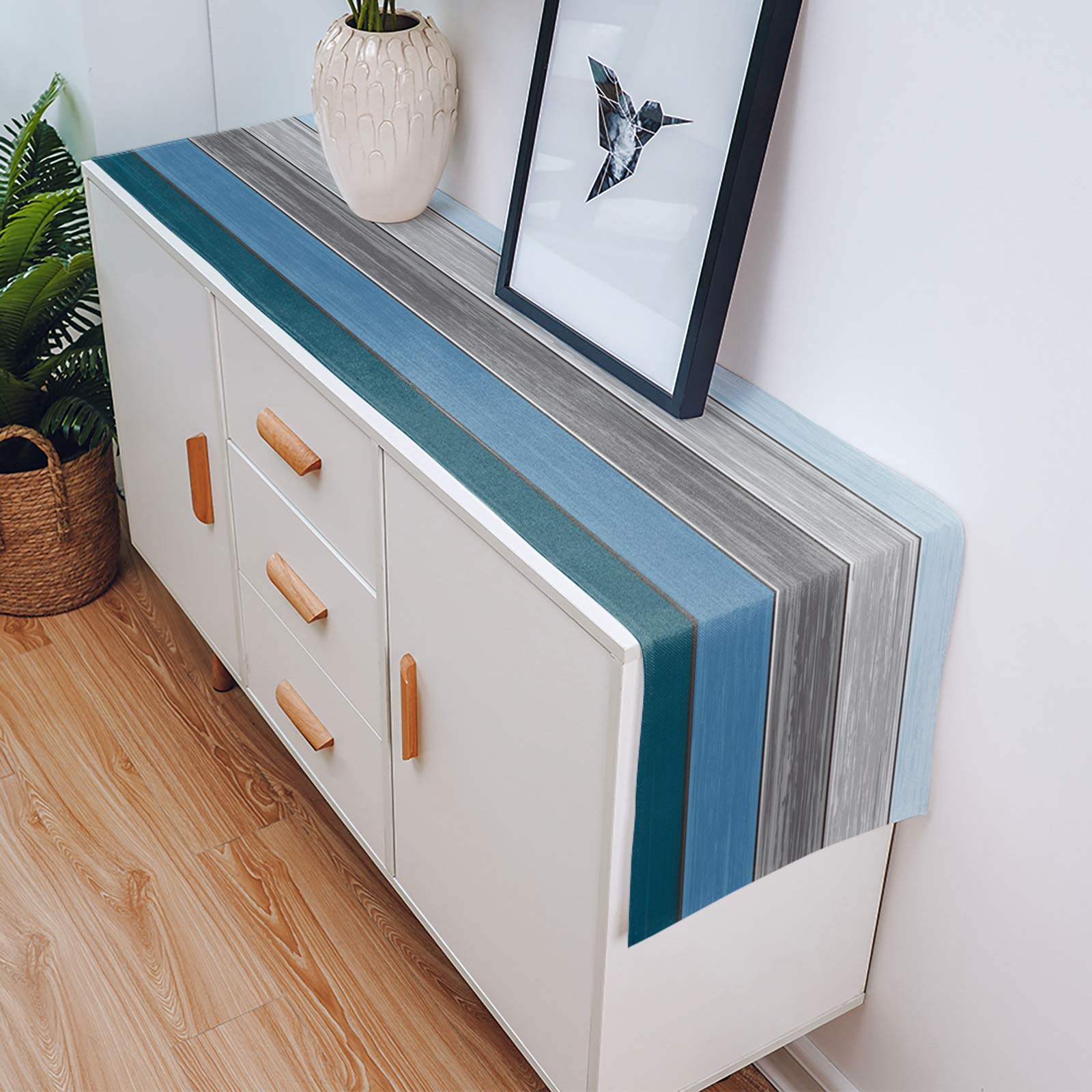 Farmhouse Cotton Linen Table Runner Dresser Scarf Extra Long 108 Inches- Retro Rustic Barn Wood Texture Ombre Blue Gray Ocean Hu