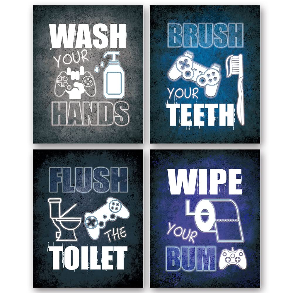 Suuura-Oo Cool Video Game Bathroom Decor Art Print Set Of 4 (8''X10''), Game Themed Bathroom Painting, Bathroom Sign Art Picture