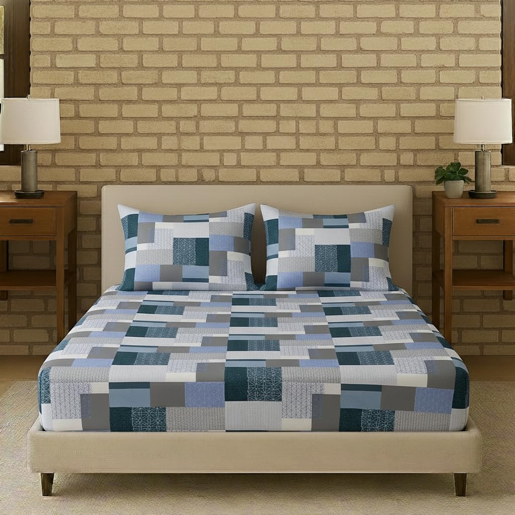 Trance Home Linen 100% Cotton 144TC Elastic Fitted Bedsheet | Printed Double Size Bed Elasticated Fitted Bedspread with 2 Pillow