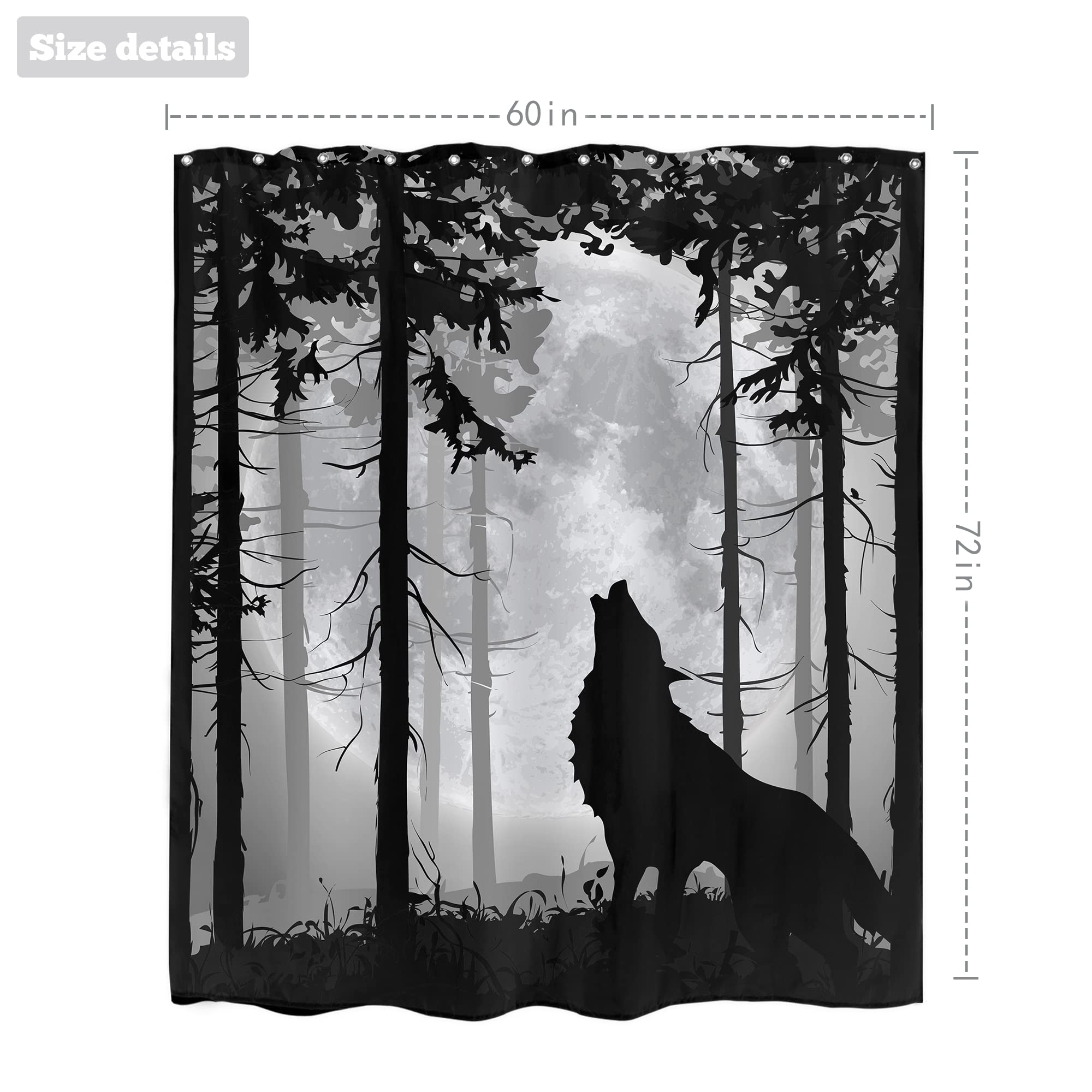 Lightinhome Wolf Shower Curtain 60Wx72H Inches Rustic Dark Moon Trees Gothic Wildlife Animal Howling Wild Scenery Woodland Bathr