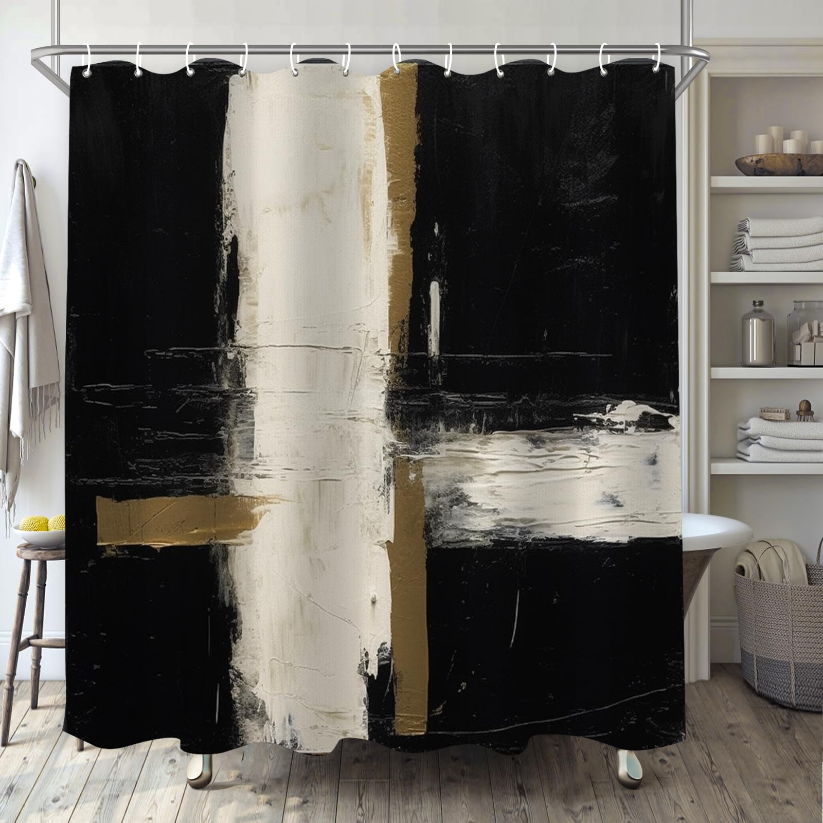 Tiyaandsy Oil Painting Abstract Shower Curtain For Bathroom, Black White Brown Rectangle Boho Shower Curtain Set, Brush Strokes