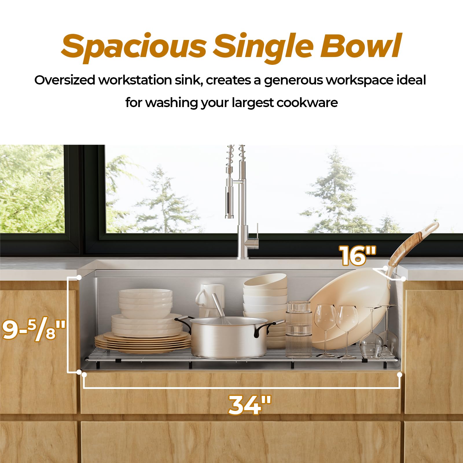 36 Inch Workstation Kitchen Sink,Tecasa Undermount Deep Single Bowl, 16 Gauge Stainless Steel With Integrated Ledge And Accessor