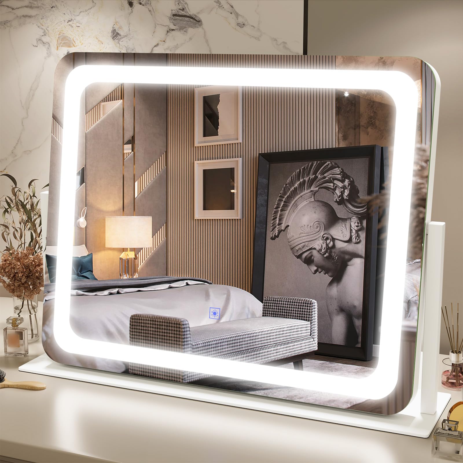 Fennio Vanity Mirror With Lights 22''X19'' Makeup Mirror With Lights,Vanity Mirror Touch Screen With 3-Color Lighting,Dimmable,F