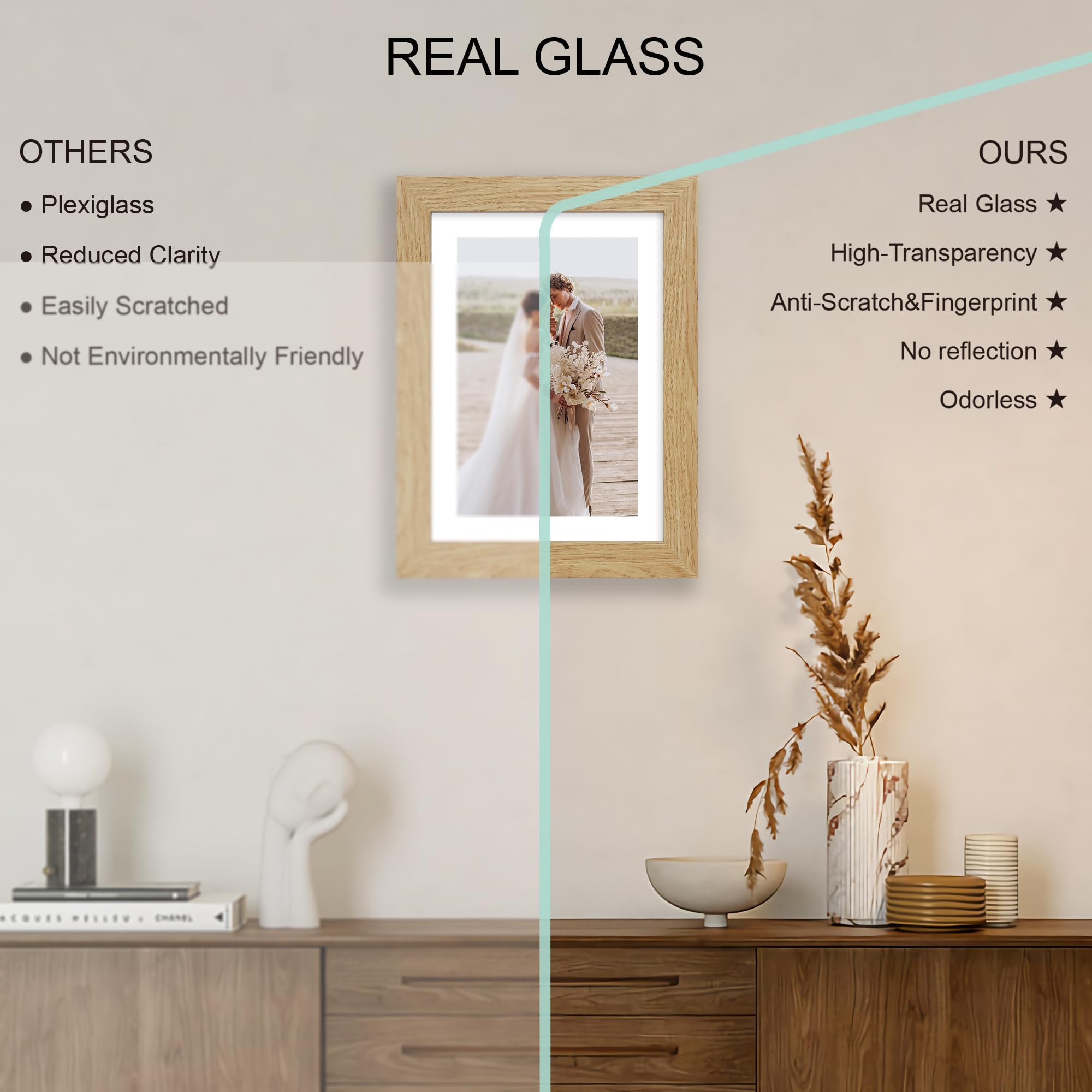 Hongkee 7x10 Picture Frame Set of 4, Made of Real Glass and Natural Oak Frame - Display Picture 5.5x8.5 with Mat or 7x10 Without