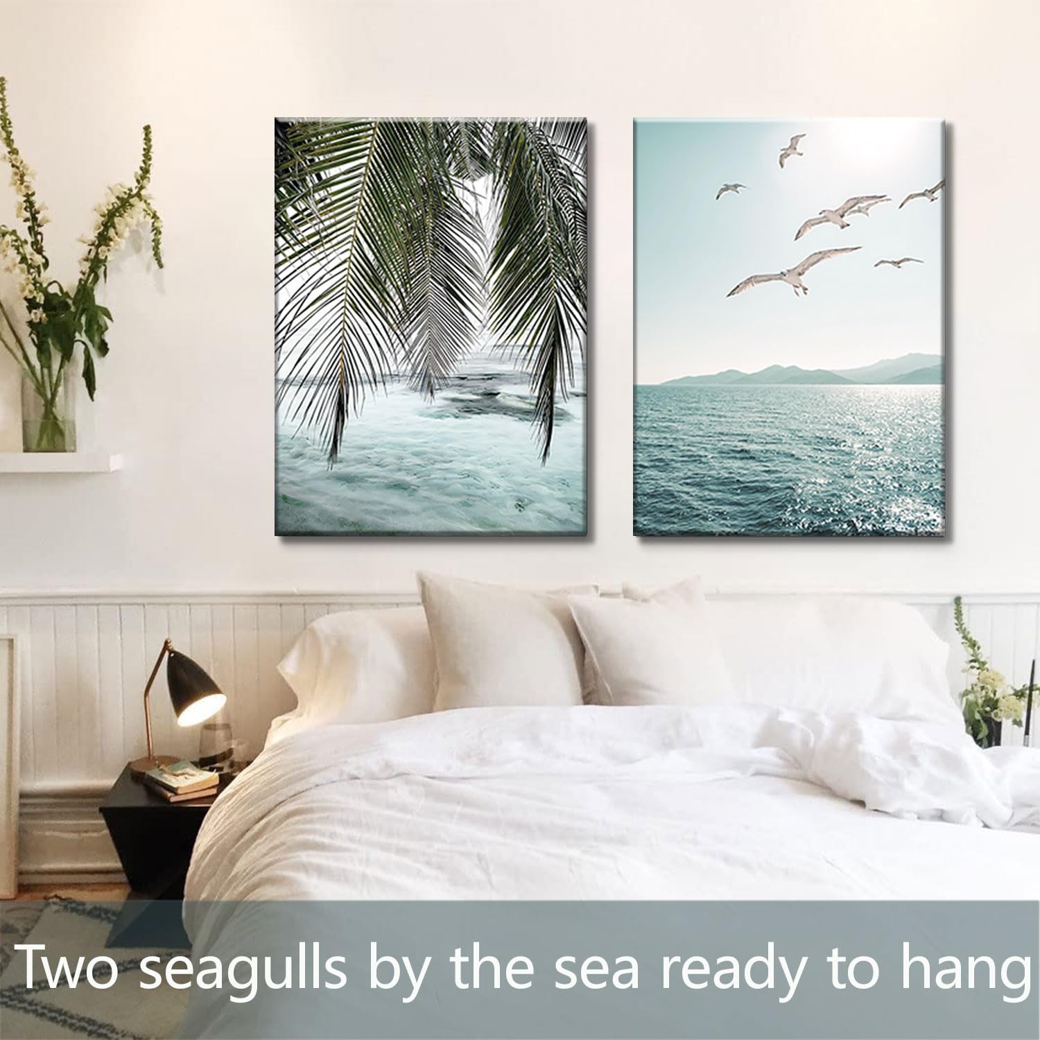 Framed Ocean Wall Art Beach Tropical Prints Bathroom Decor Canvas Turquoise Seascape Mint Green Paintings Coastal Pictures Palm Tree Artwork for Bedroom Living Room12''*16''*2