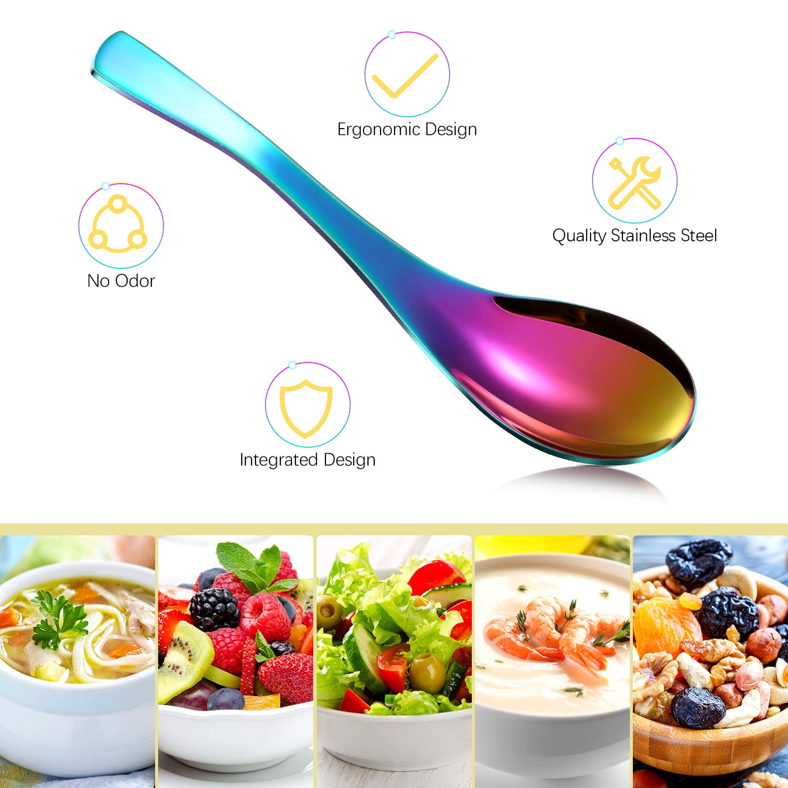 6 Pieces Rainbow Soup Spoon Colorful Stainless Steel Spoon Mirror Finish Spoons Kitchen Serving Spoons For Soup Rice Tea Milk Co
