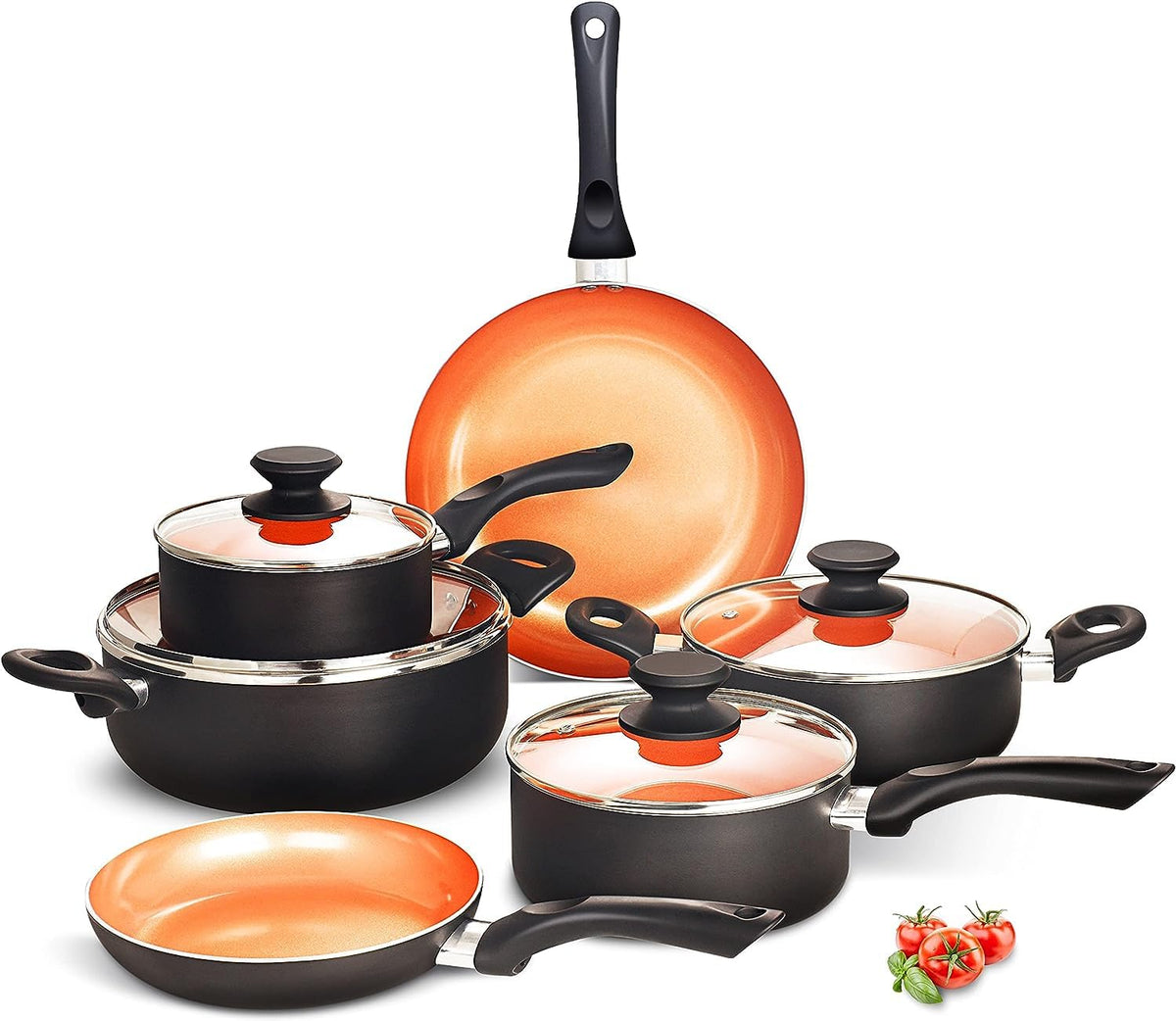 FRUITEAM 10pcs Cookware Set Ceramic Nonstick Soup Pot, Milk Pot and Frying Pans Set, Copper Aluminum Pan with Lid, Induction Gas