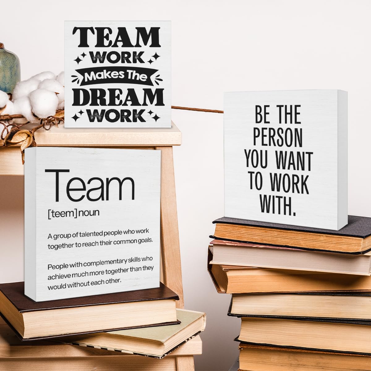 3 Pcs Team Wood Signs Decor Teamwork Wood Block Signs Team Definition Teamwork Be the Person You Want to Work with Wooden Box Si