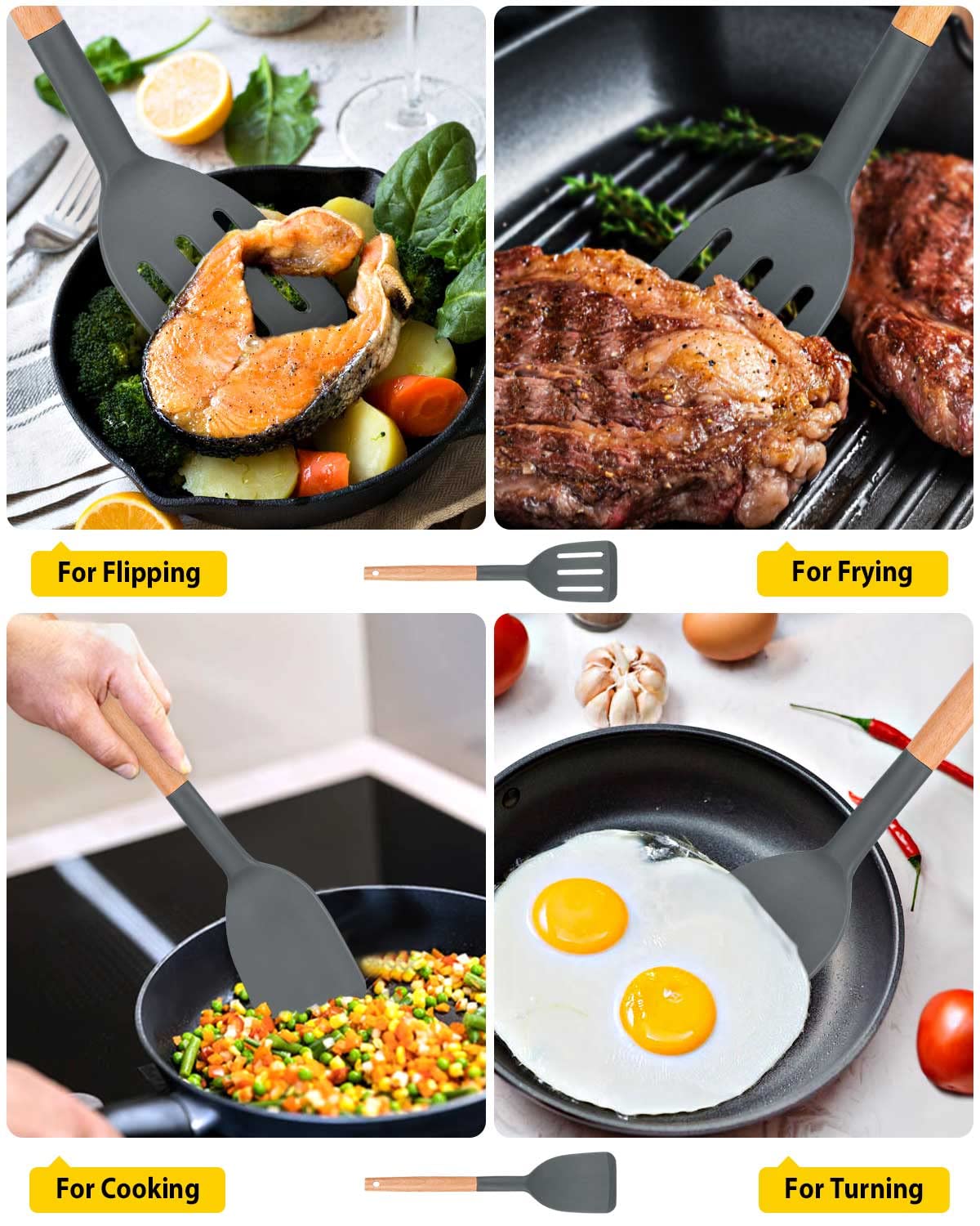 Pack Of 2 Silicone Cooking Spatula, Heat Resistant Solid Turner, Non Stick Slotted Spatulas With Wooden Short Handle,Ideal Wood