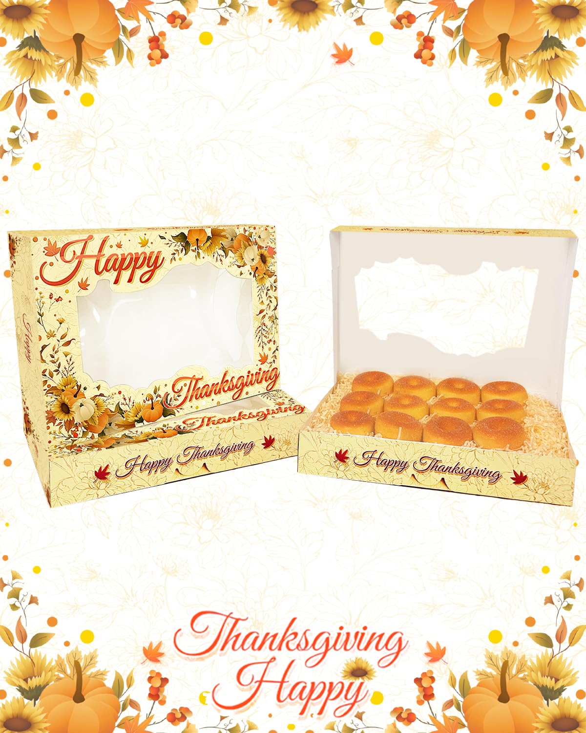 qiqee Thanksgiving 14x10x2.5 inch Auto-pop Up 24Pcs Cookie Box with Window Thanksgiving Pumkin Flower Pastry Macaron Bakery Box