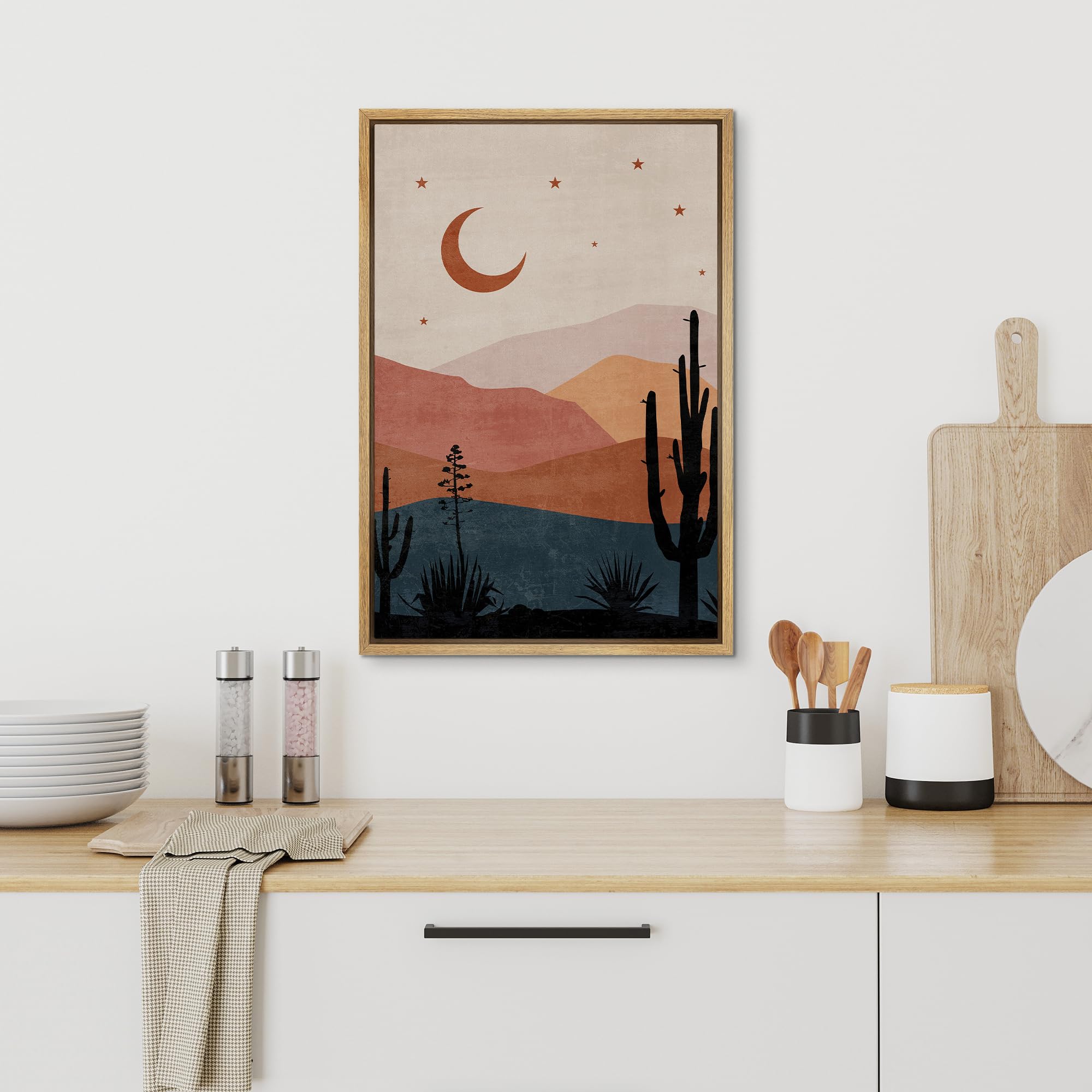 Signford Framed Canvas Print Wall Art Desert Landscape With Crescent Moon And Silhouetted Cacti Nature Wilderness Illustrations