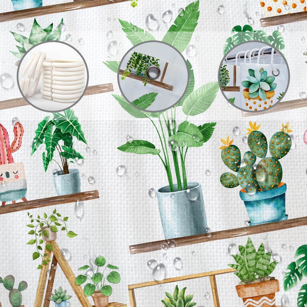 Juirnost Green Plant Farmhouse Shower Curtain Bohemian Potted Plant Shower Curtain For Bathroom Cactus Succulent Plant Bathtubs