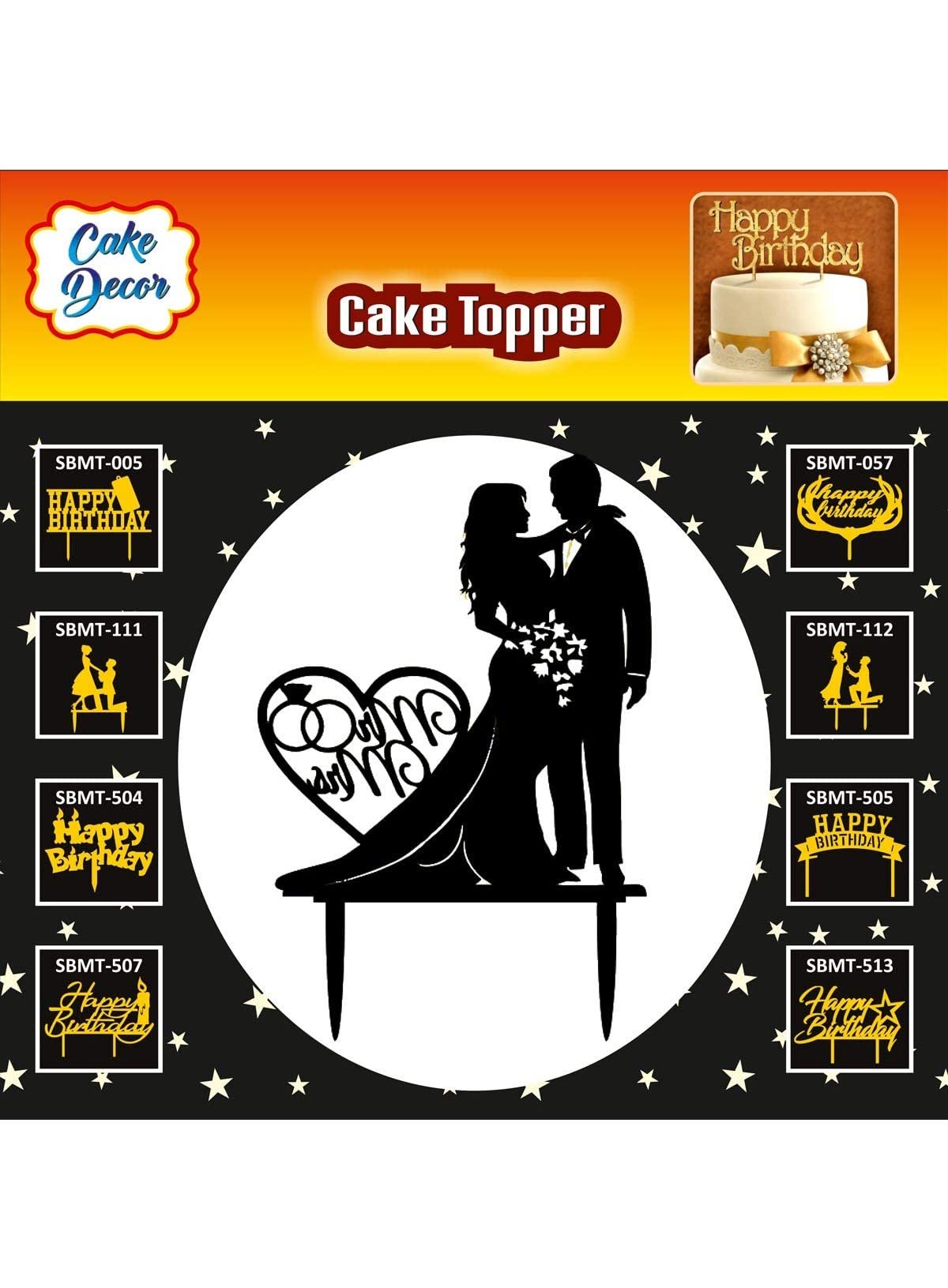 Cake Decor Mirror Shimmer Shining Acrylic Cake Topper Black Heart Mr. And Mrs. With Couple