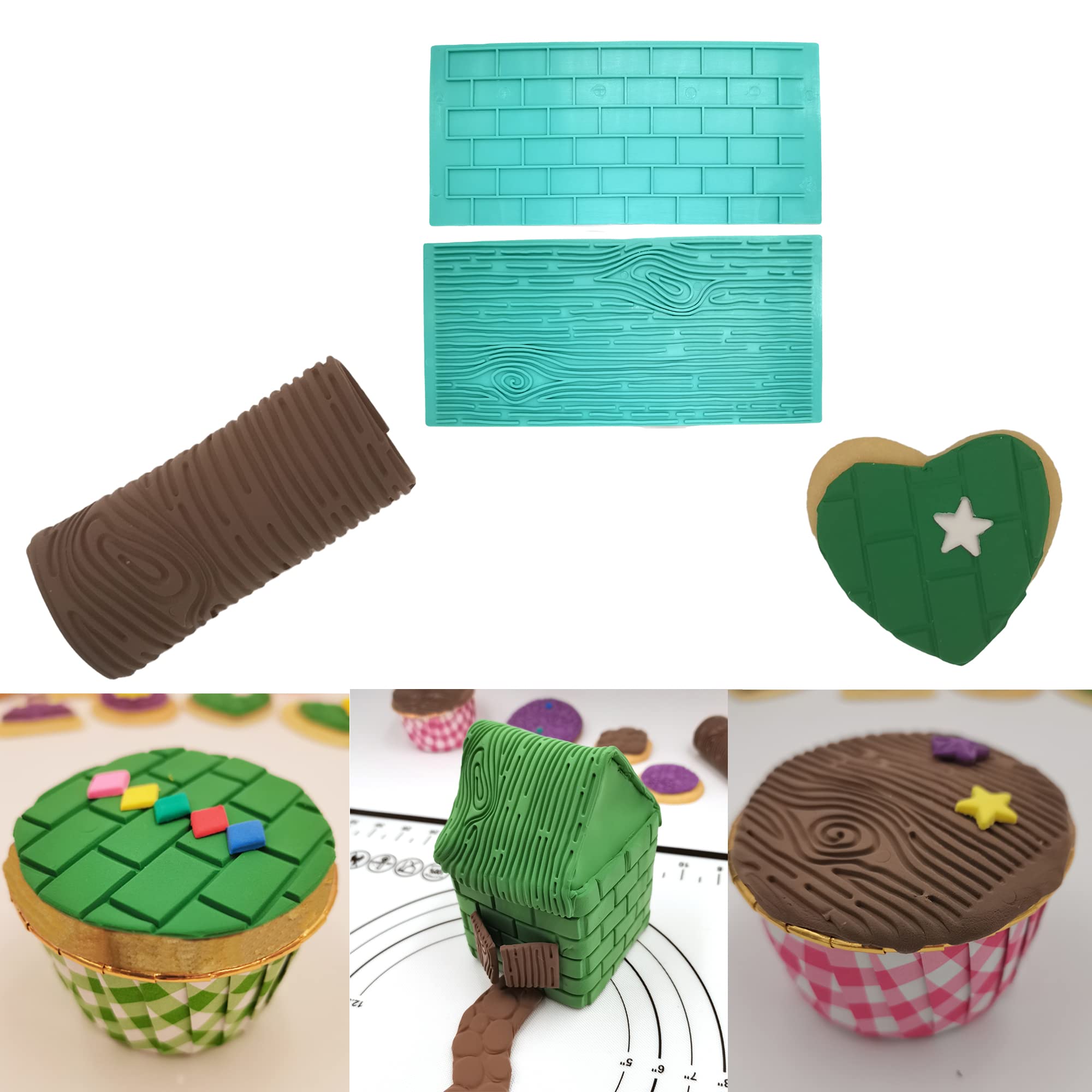 Gobaker Texture 2-Piece Mold Set Tree Bark And Brick Wall Impression Moulds Gum Paste Impression Mat Fondant Cake Decorating Gob