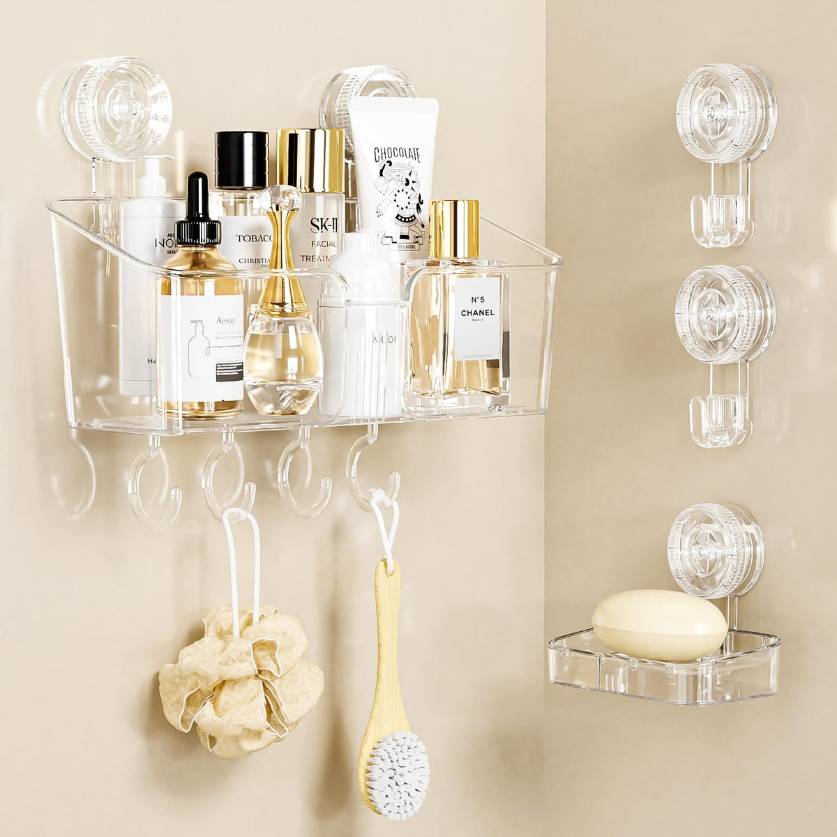 Luxear 4 Packs Shower Caddy Suction Cup Clear White - Shower Shelf+Soap Dish+Suction Hooks - 1 Second Installation No-Drilling R