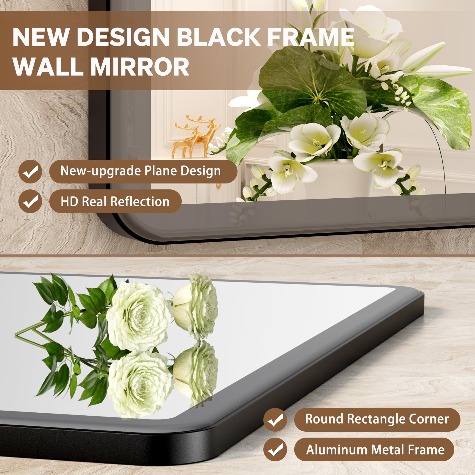 Pertetey New Upgrade 28X36 Inch Wall Mounted Bathroom Mirror, Black Metal Frame Rounded Rectangle Mirror, Bathroom Vanity Mirror