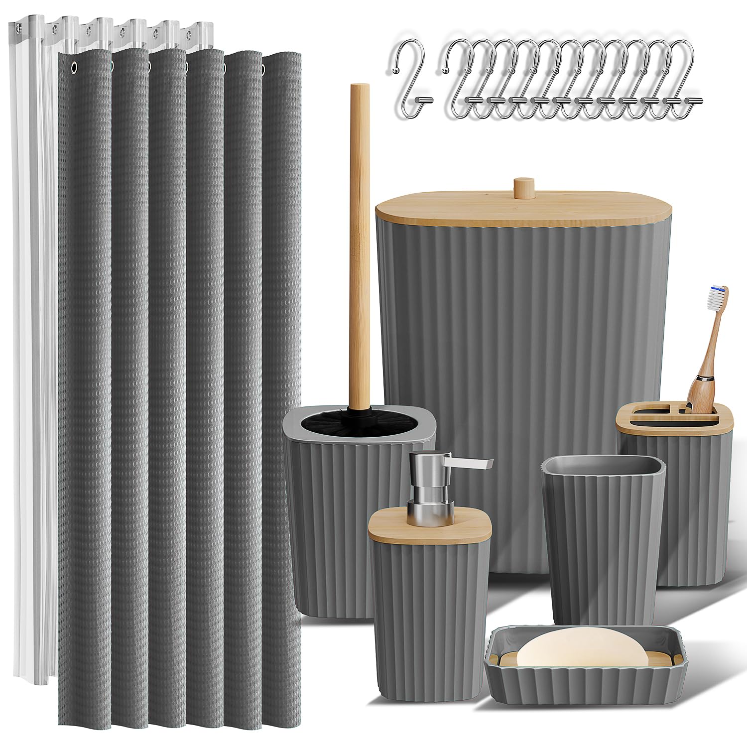 Clara Clark Bathroom Accessories Set - Grey Bathroom Set, 20Pc Bathroom Accessory Set, Shower Curtain Set, Toilet Brush, Trash C