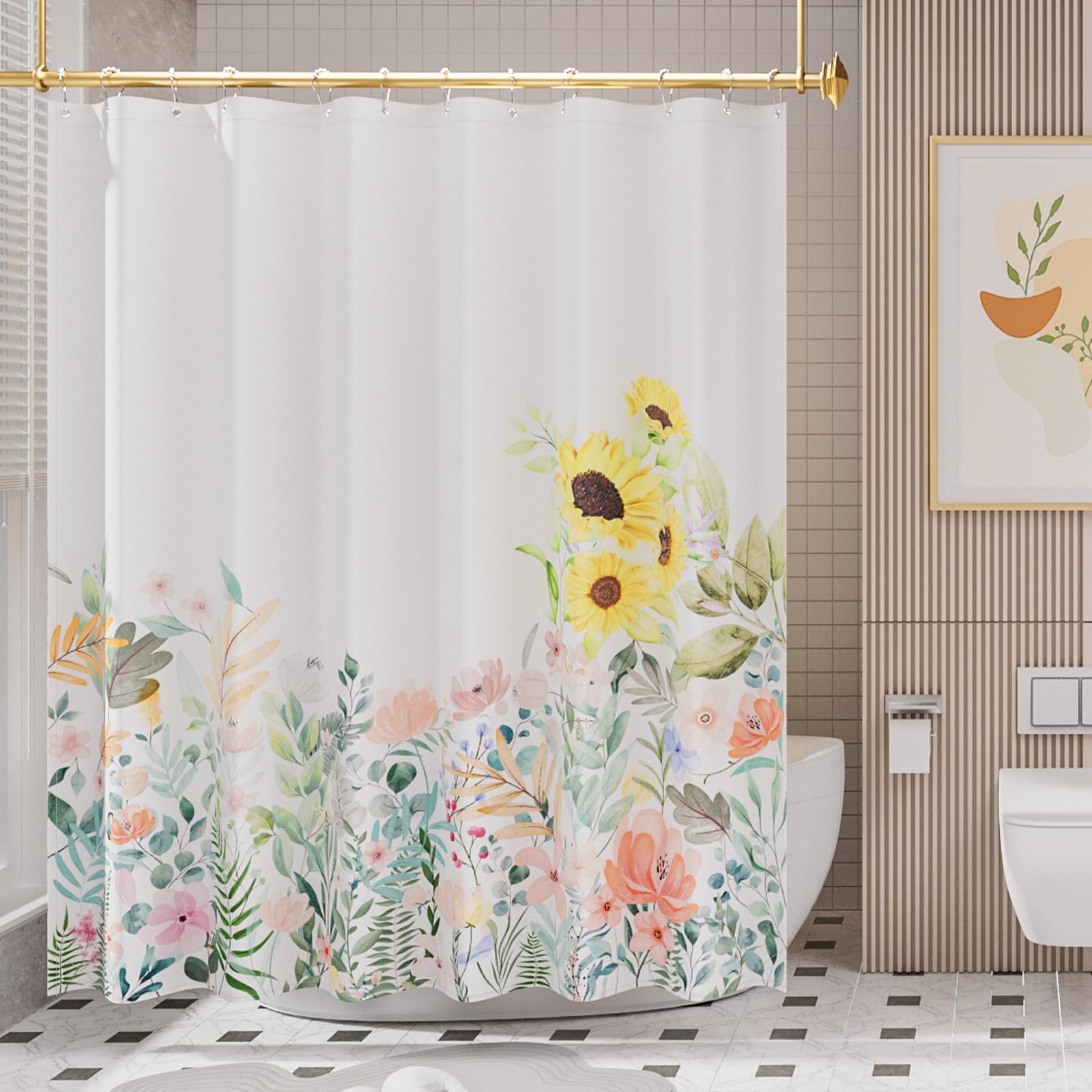 Amazerbath Floral Shower Curtain, Cloth Fall Flower Shower Curtains For Bathroom Decor, Rustic Washable Sunflower Eucalyptus And