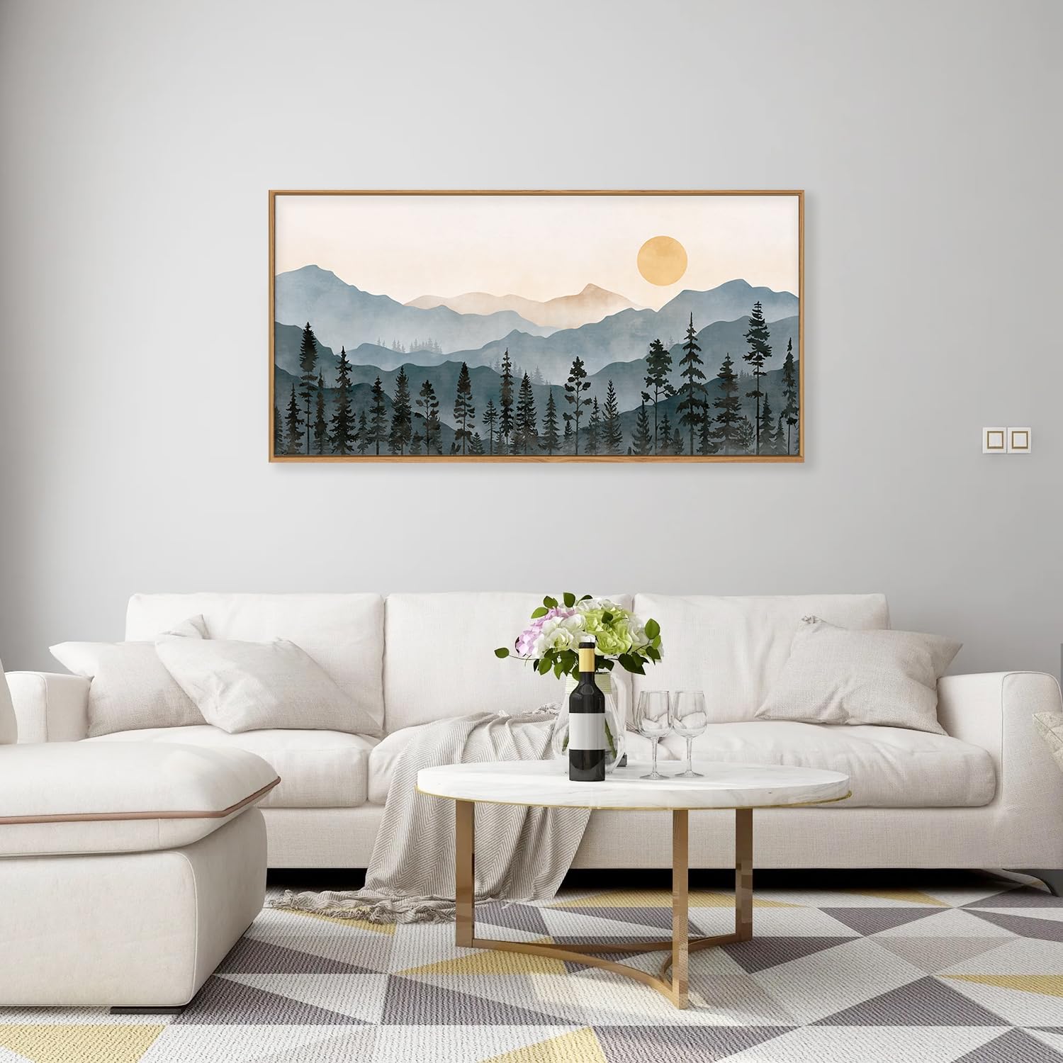 Lhiuem Boho Mountain Framed Canvas Wall Art Set,Forest Pine Tree Wall Decor,Nature Sunrise Wilderness Landscape Art Painting For